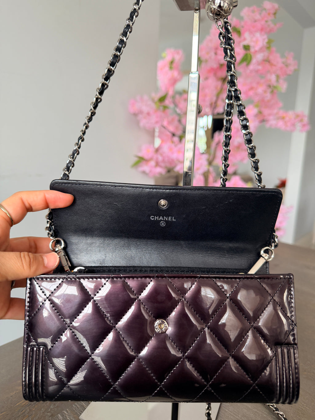Chanel Boy Wallet Burgundy Patent Leather Silver Hardware