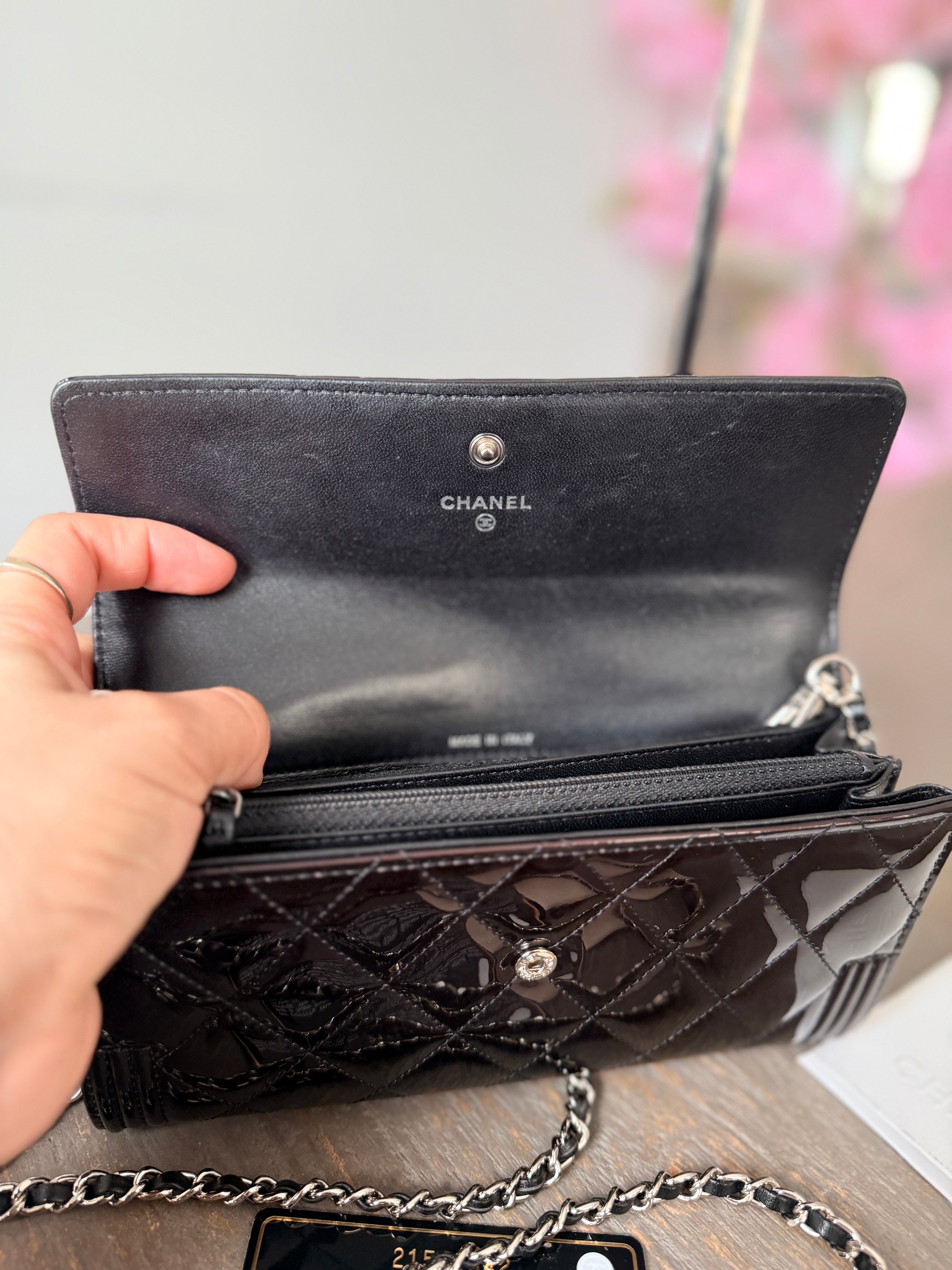Chanel Boy Wallet Burgundy Patent Leather Silver Hardware