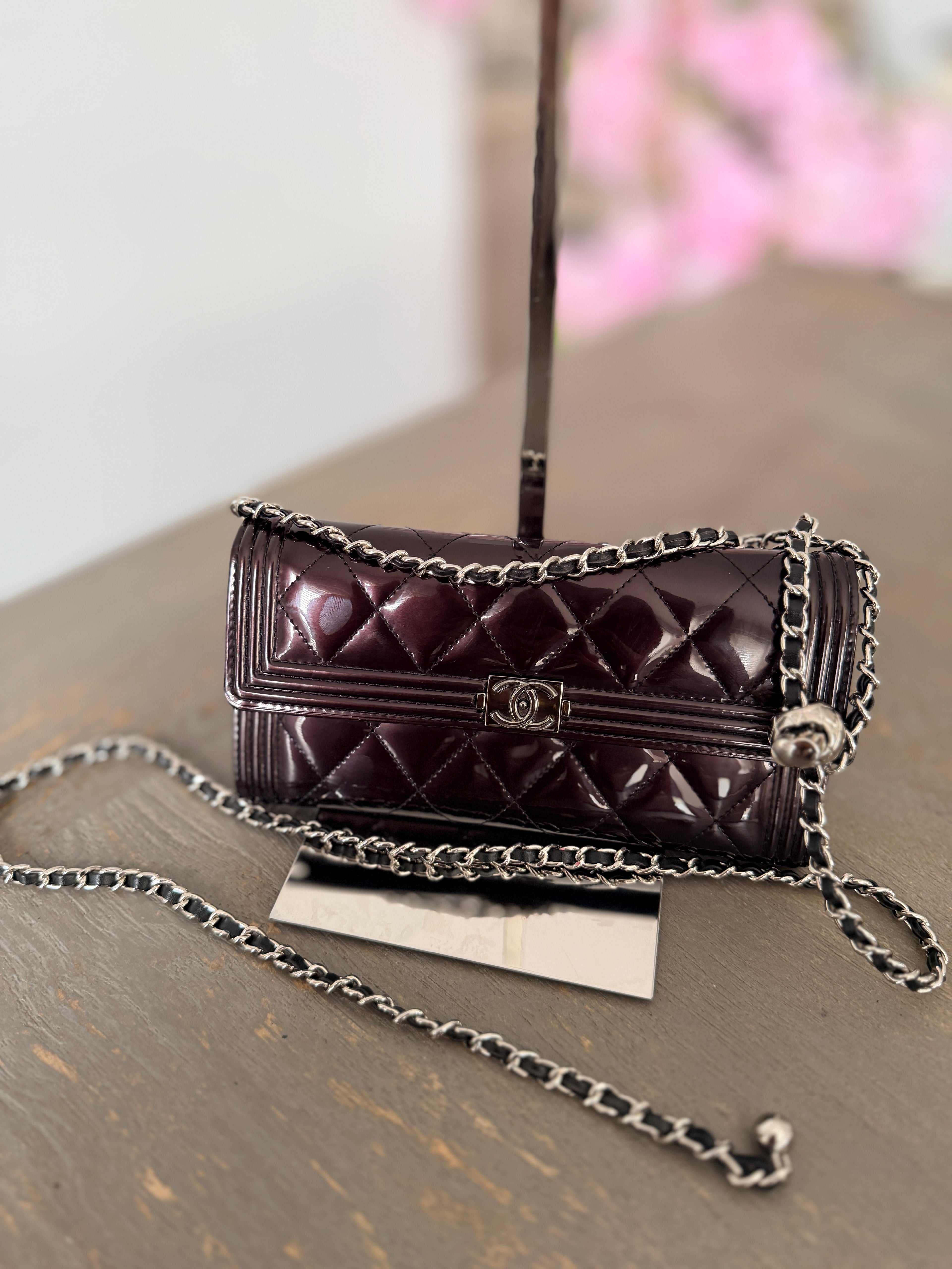 Chanel Boy Wallet Burgundy Patent Leather Silver Hardware