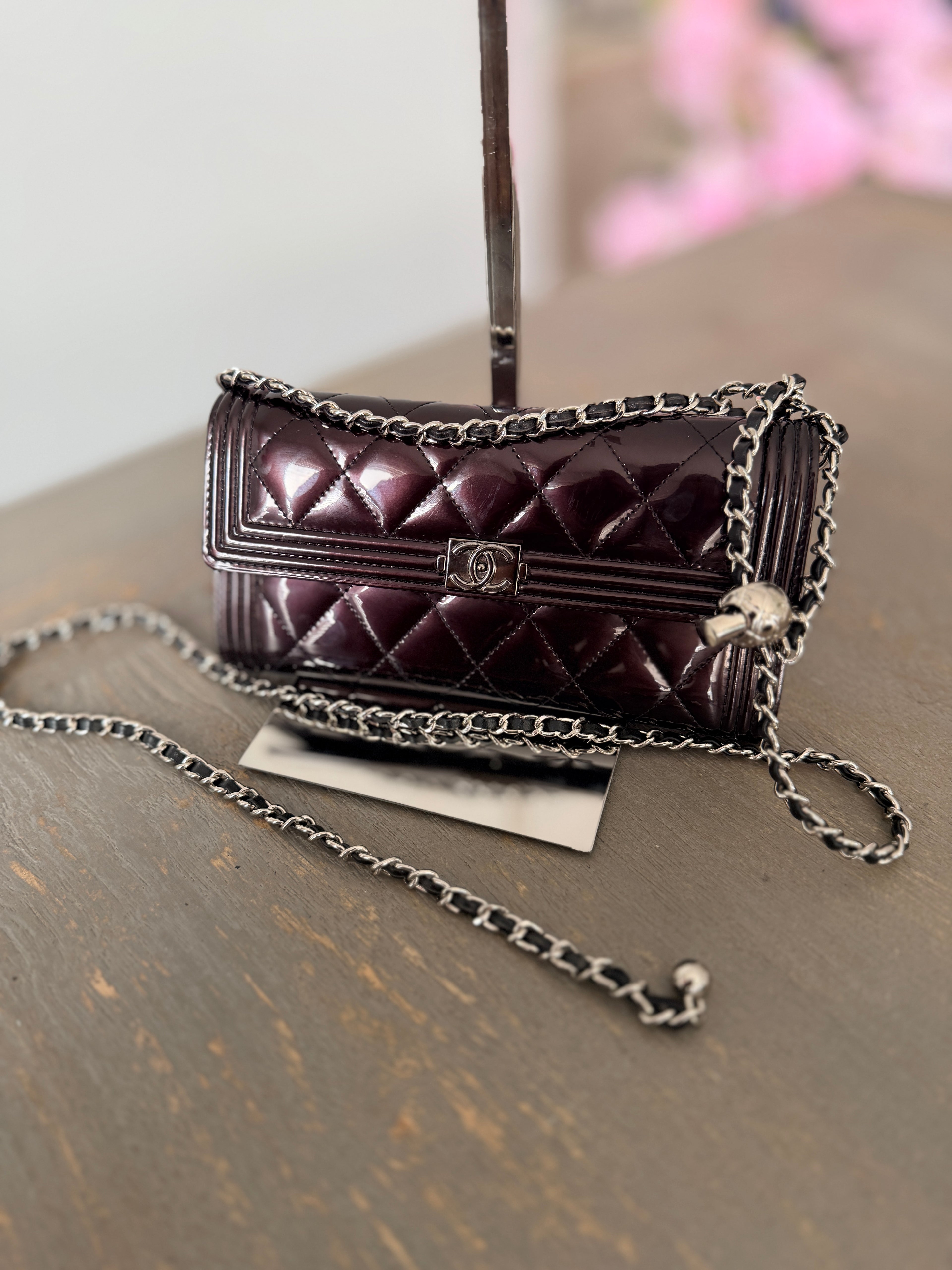 Chanel Boy Wallet Burgundy Patent Leather Silver Hardware