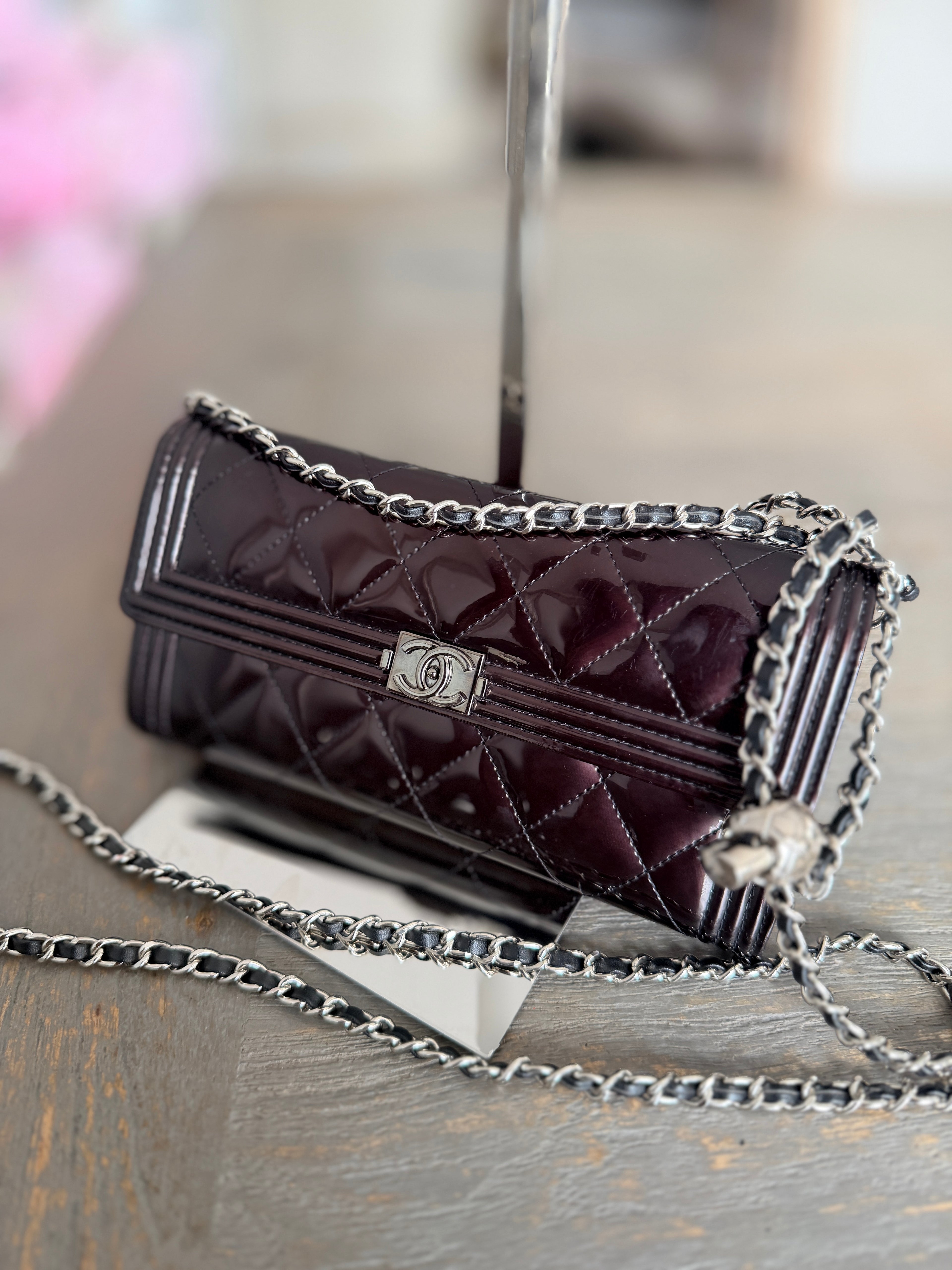 Chanel Boy Wallet Burgundy Patent Leather Silver Hardware