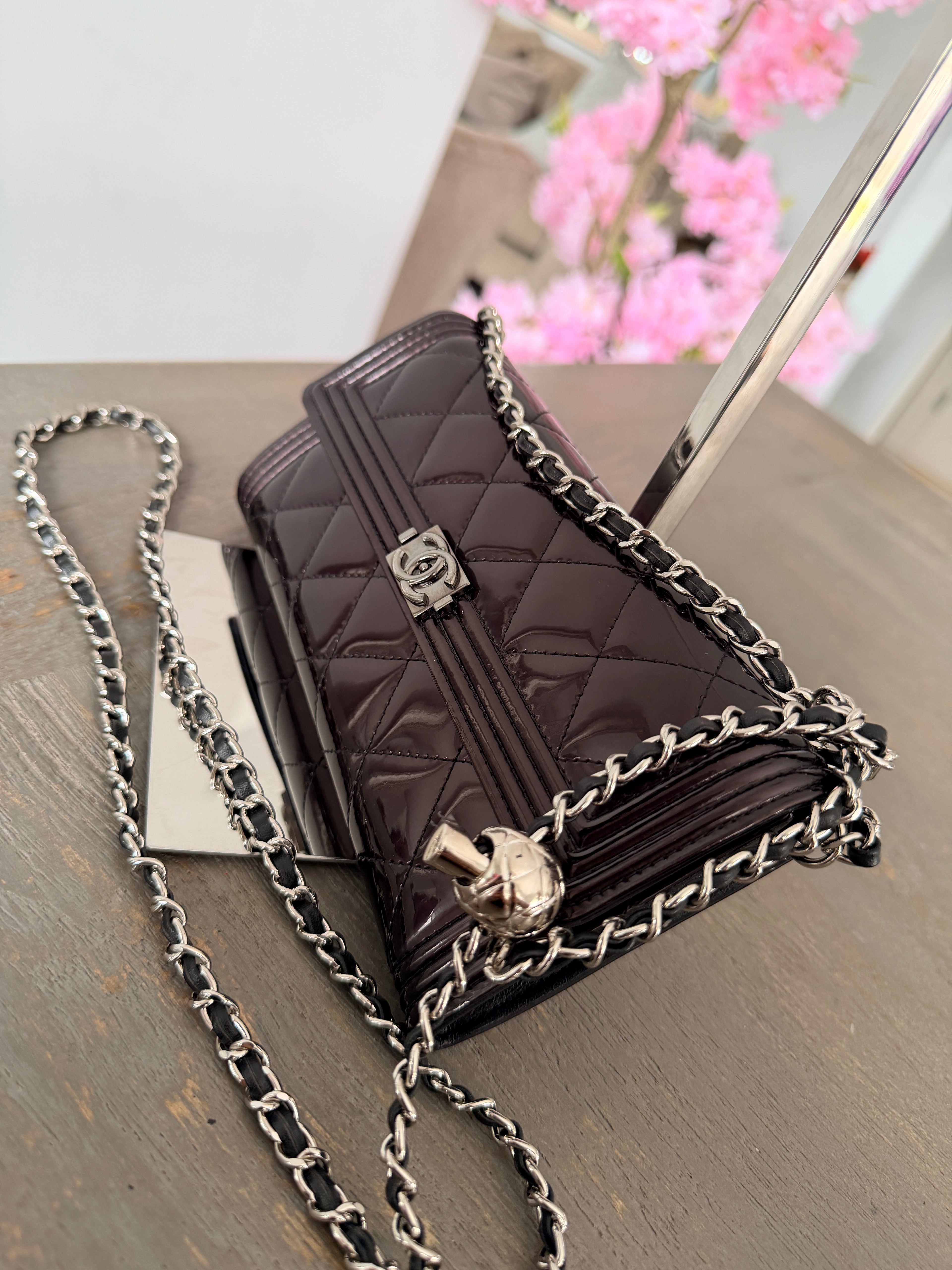 Chanel Boy Wallet Burgundy Patent Leather Silver Hardware