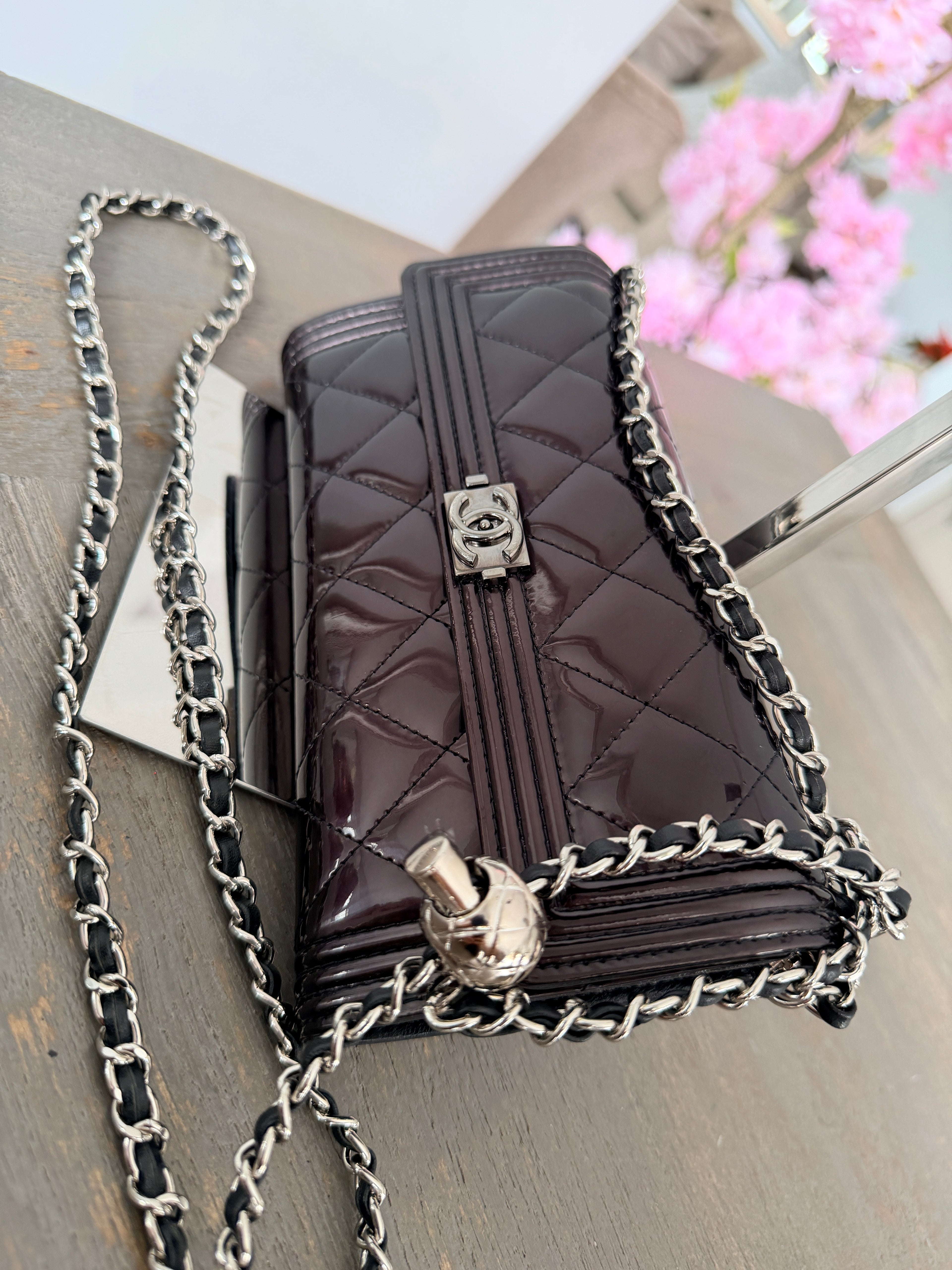 Chanel Boy Wallet Burgundy Patent Leather Silver Hardware