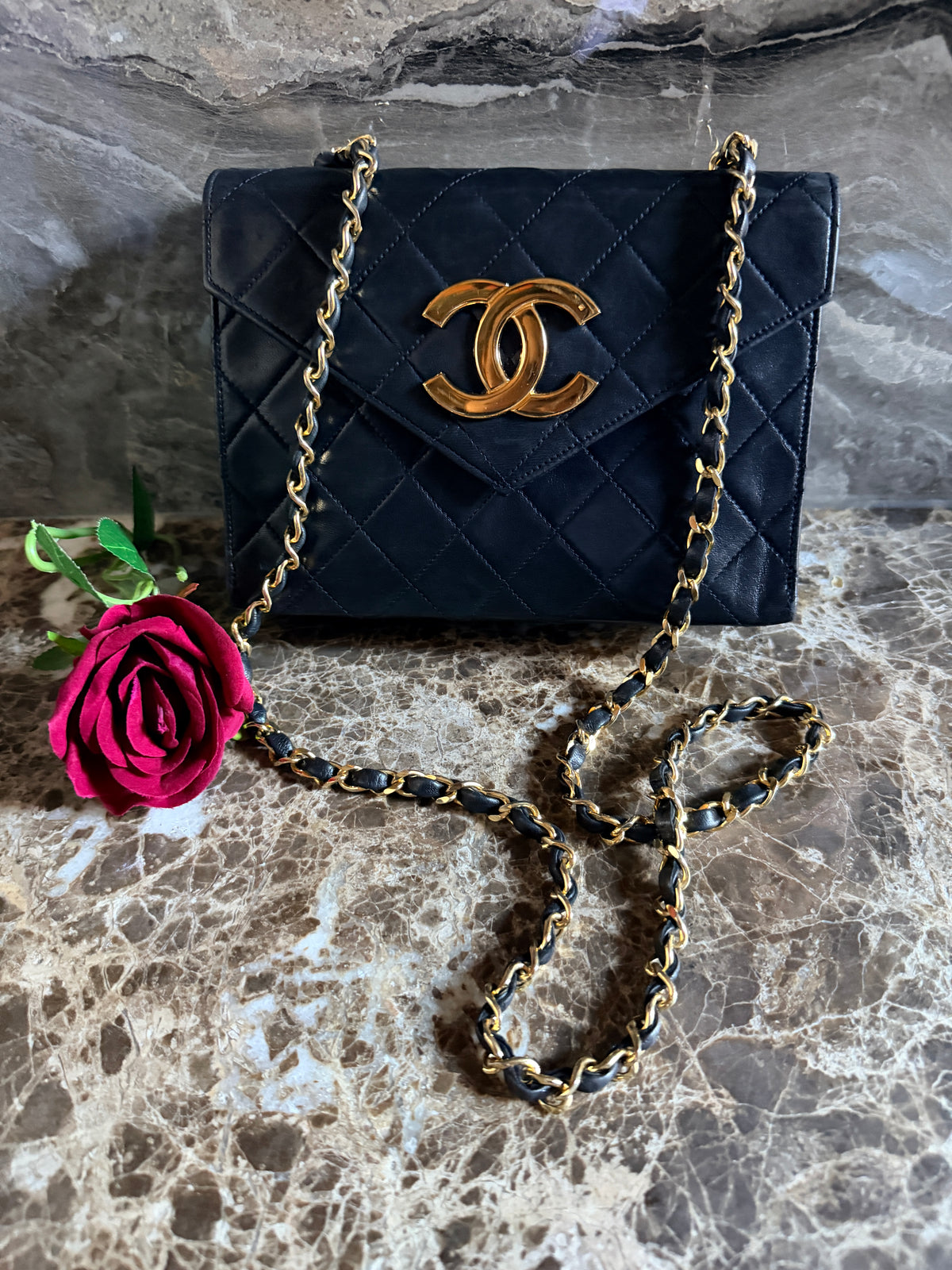 Chanel Vintage Small Shoulder Bag Black Lambskin Leather Gold Hardware