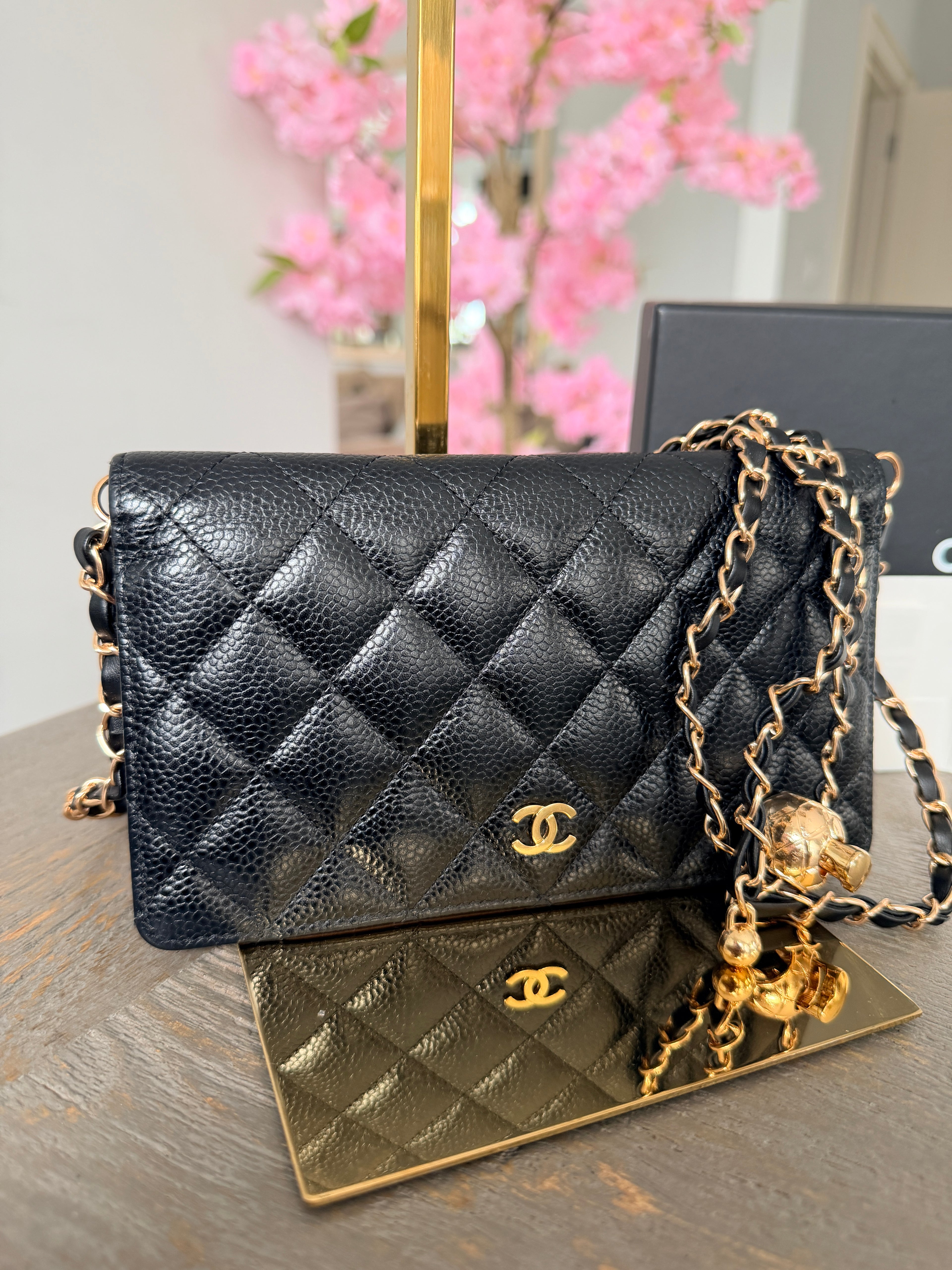 Chanel Long Flap Wallet Black Caviar Leather Gold Hardware