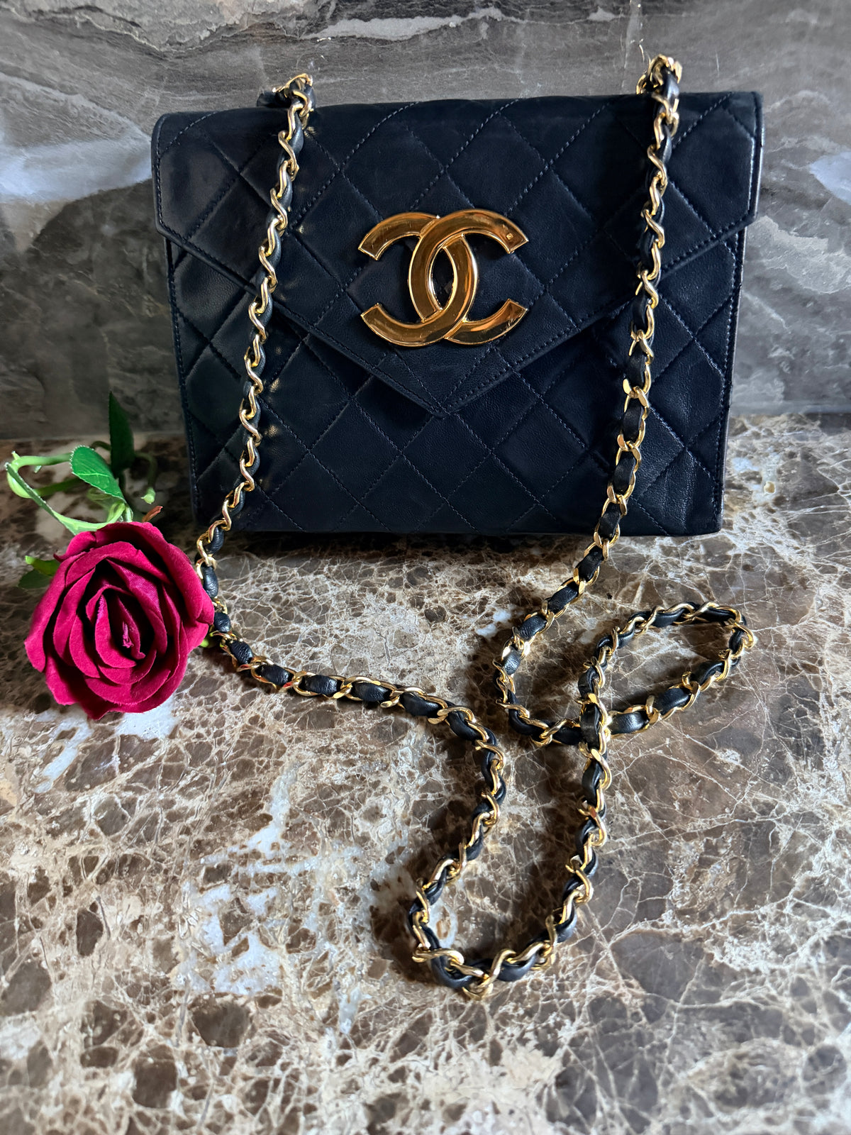 Chanel Vintage Small Shoulder Bag Black Lambskin Leather Gold Hardware