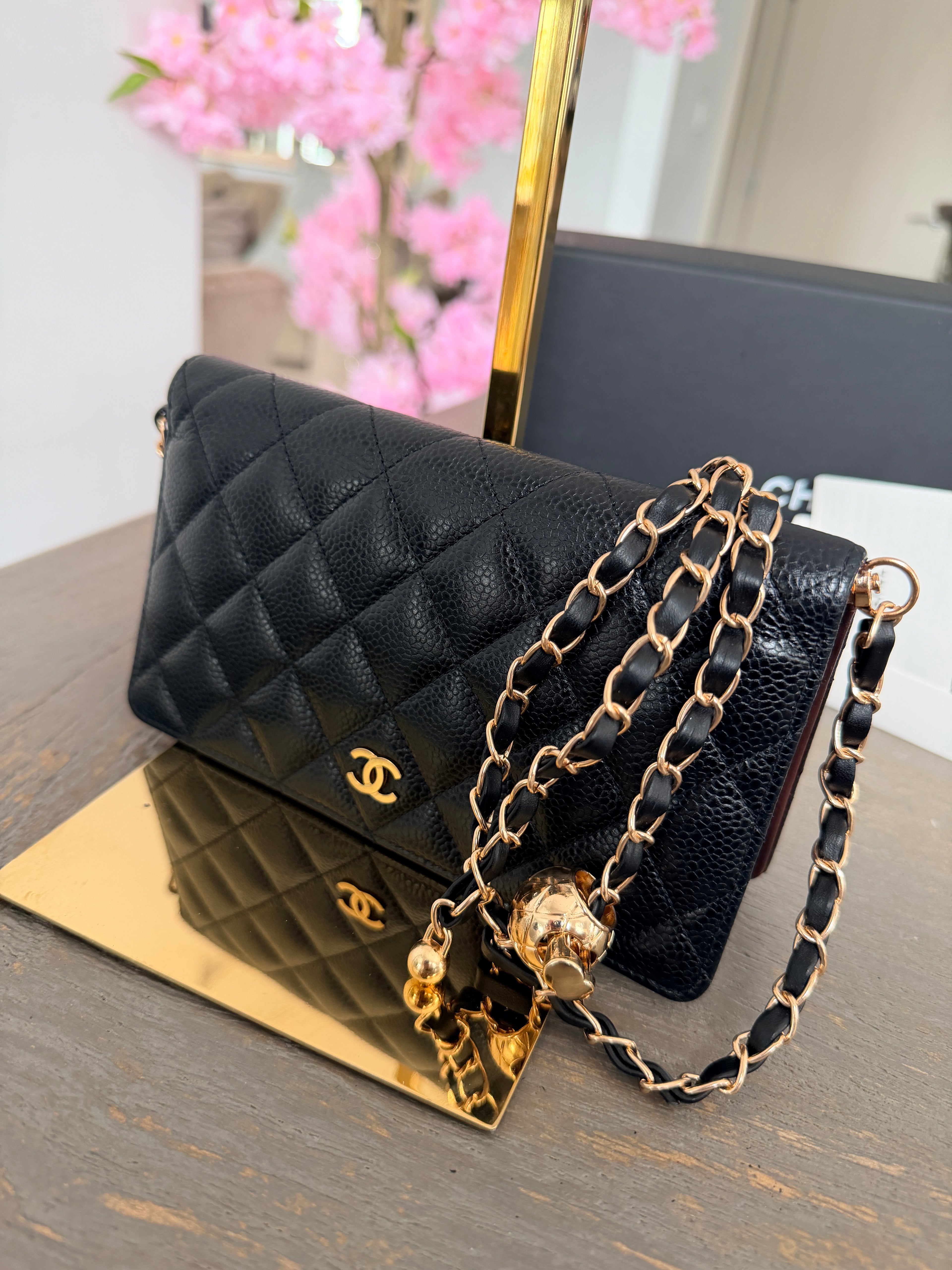 Chanel Long Flap Wallet Black Caviar Leather Gold Hardware