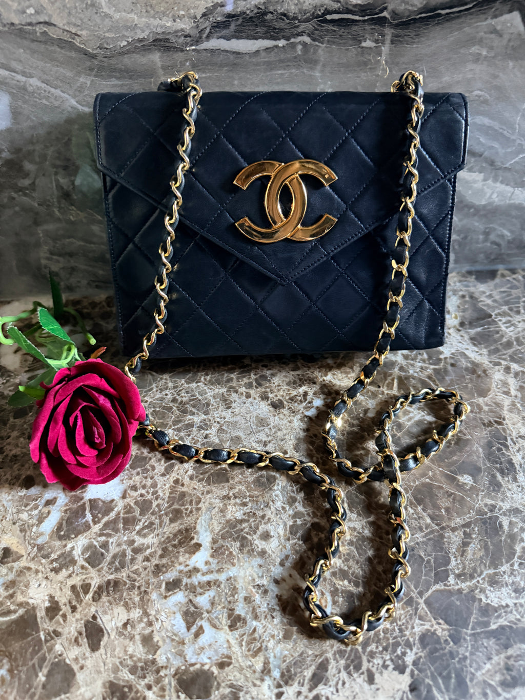 Chanel Vintage Small Shoulder Bag Black Lambskin Leather Gold Hardware