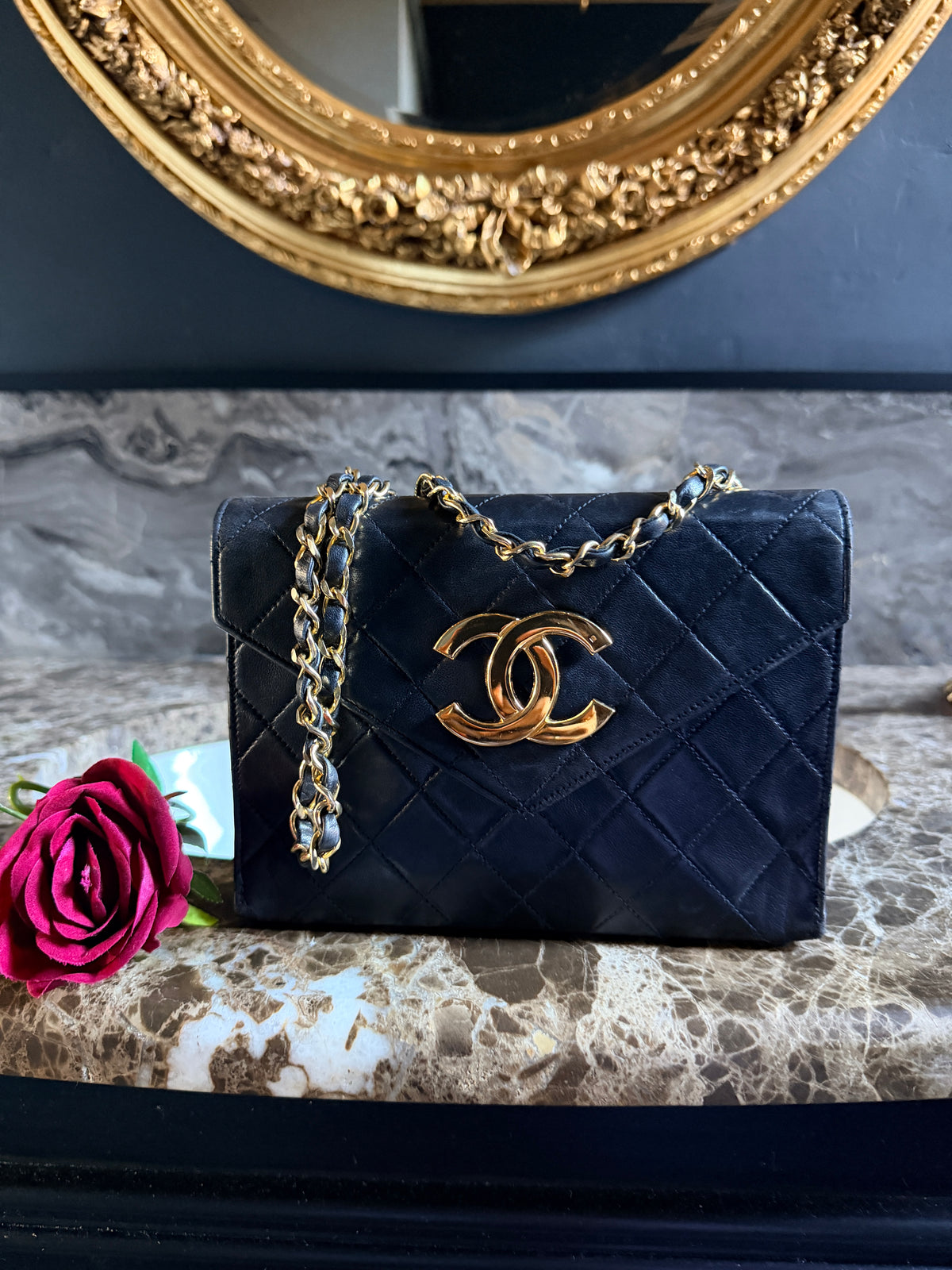Chanel Vintage Small Shoulder Bag Black Lambskin Leather Gold Hardware