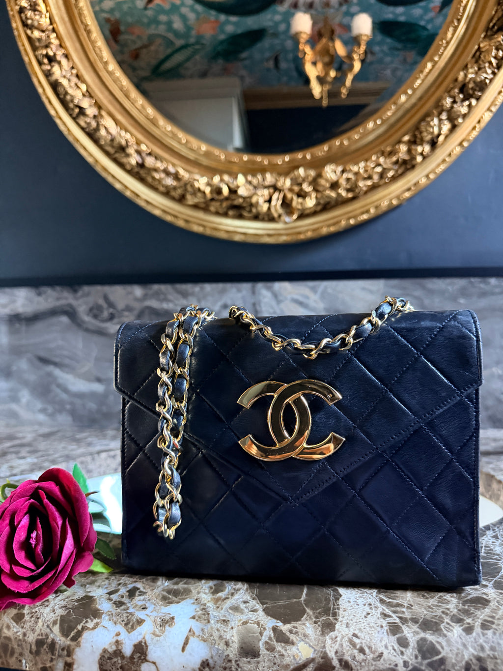 Chanel Vintage Small Shoulder Bag Black Lambskin Leather Gold Hardware