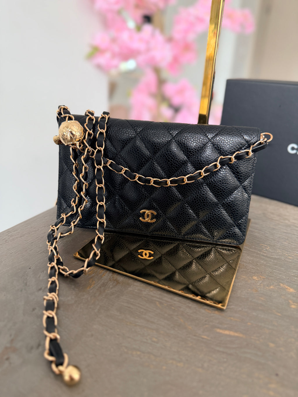Chanel Long Flap Wallet Black Caviar Leather Gold Hardware