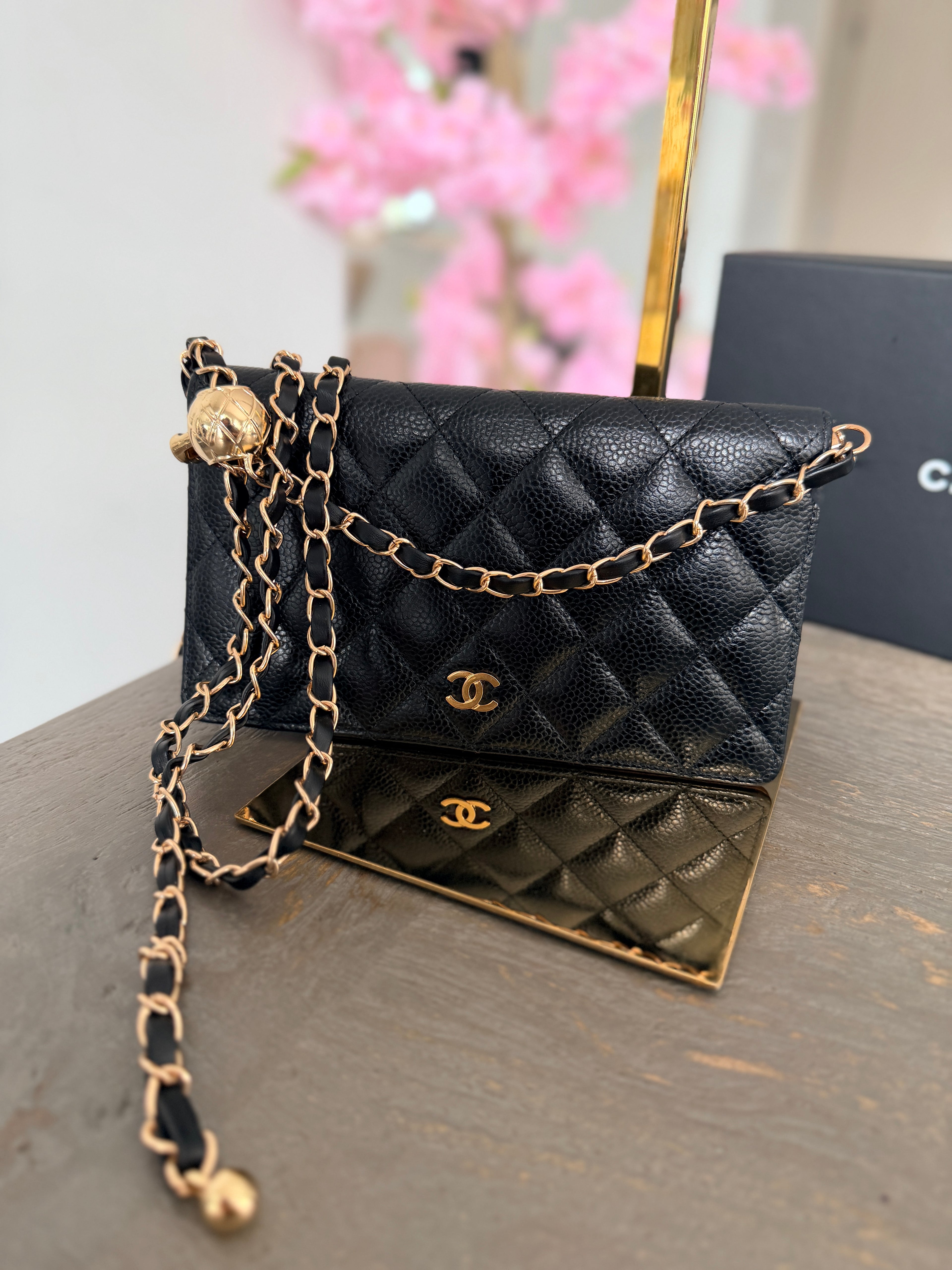 Chanel Long Flap Wallet Black Caviar Leather Gold Hardware