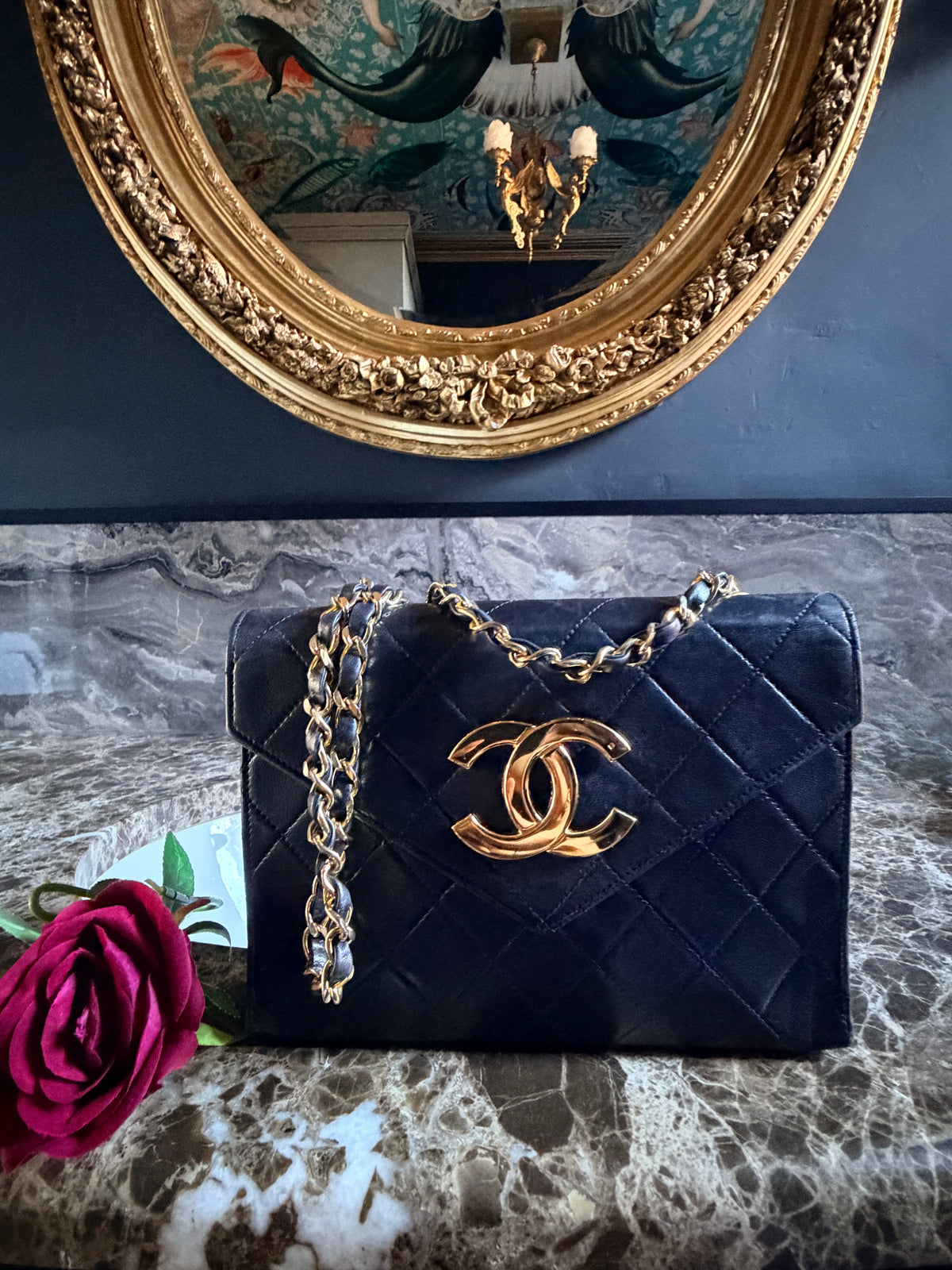 Chanel Vintage Small Shoulder Bag Black Lambskin Leather Gold Hardware