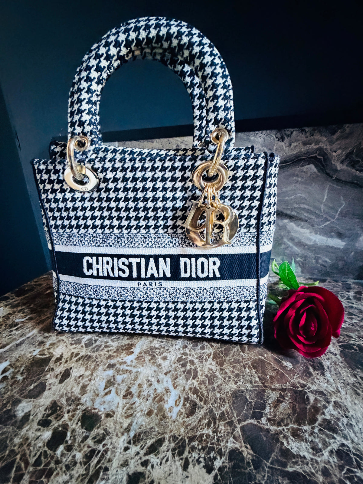 Dior Lady D-Lite Medium Bag Black & White Houndstooth Fabric with Gold Hardware