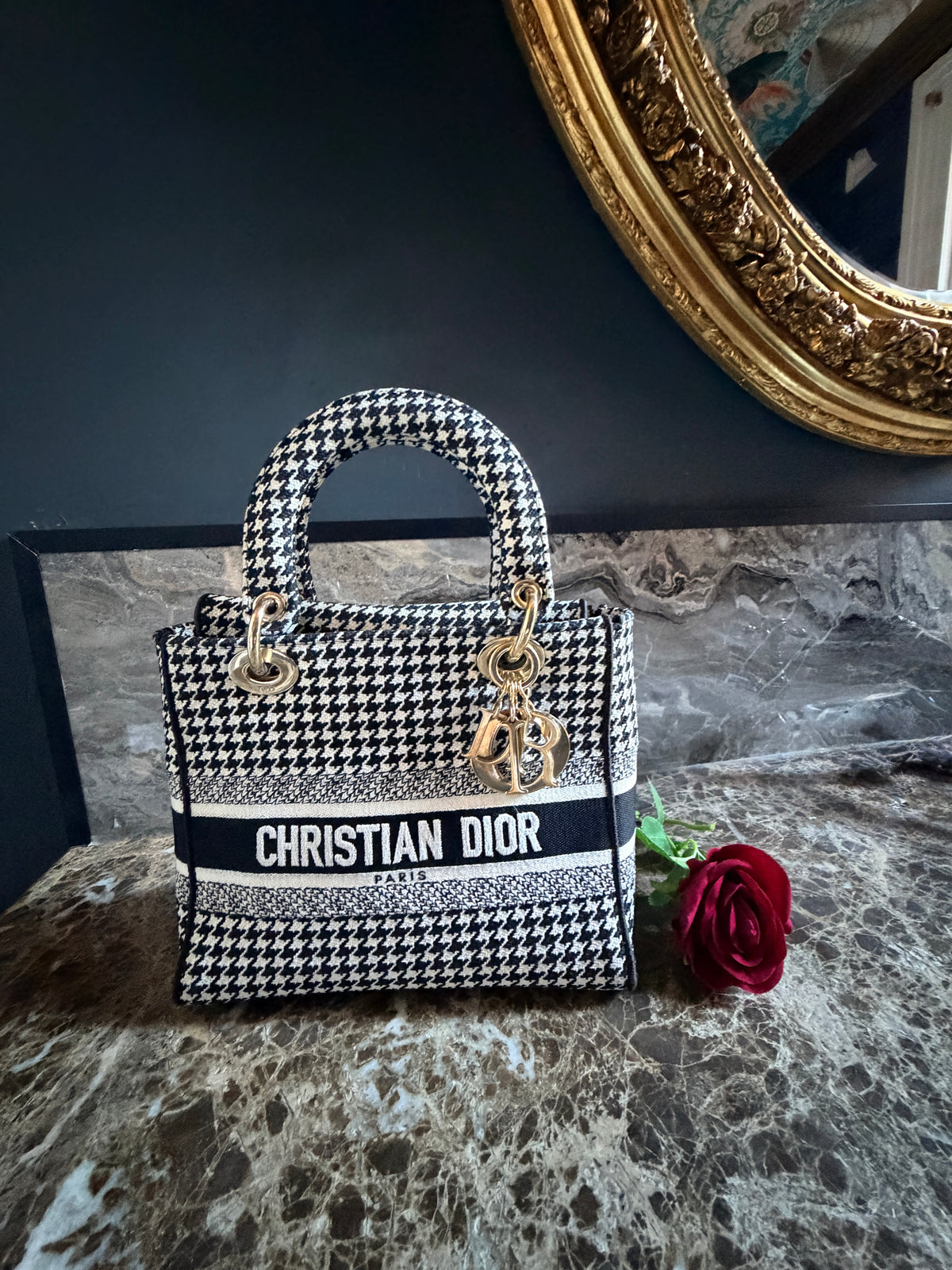 Dior Lady D-Lite Medium Bag Black & White Houndstooth Fabric with Gold Hardware