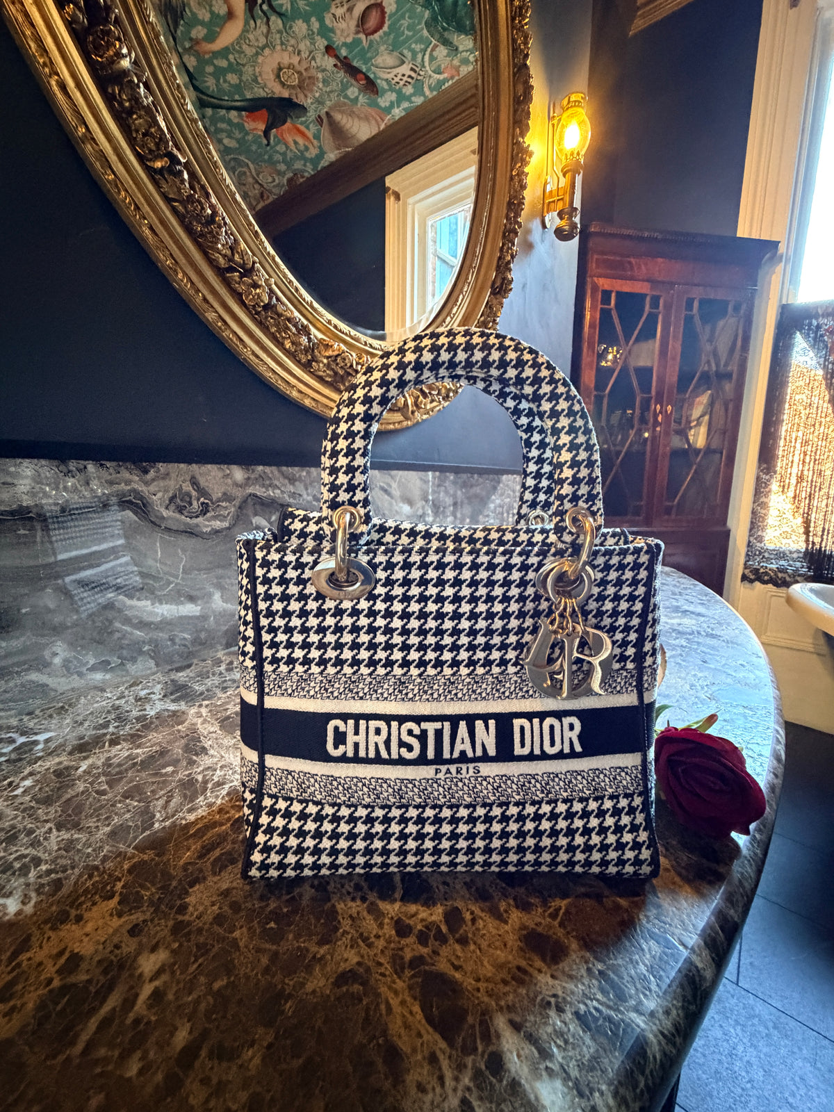 Dior Lady D-Lite Medium Bag Black & White Houndstooth Fabric with Gold Hardware