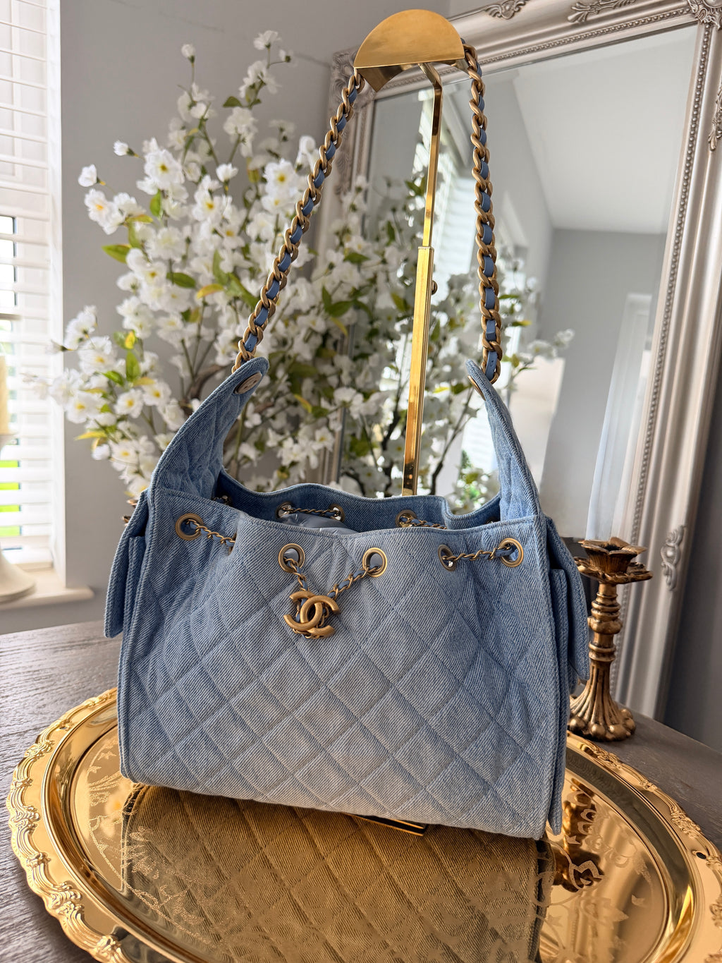 Chanel 25 Washed Denim Small Hobo Bag Gold Hardware