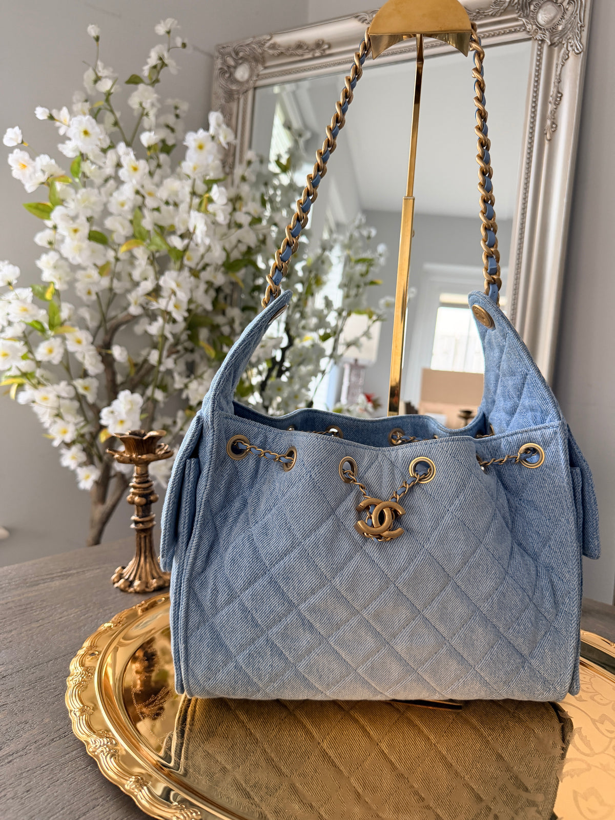 Chanel 25 Washed Denim Small Hobo Bag Gold Hardware