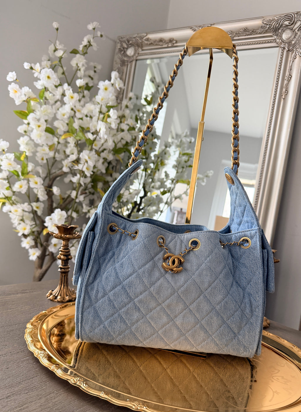 Chanel 25 Washed Denim Small Hobo Bag Gold Hardware