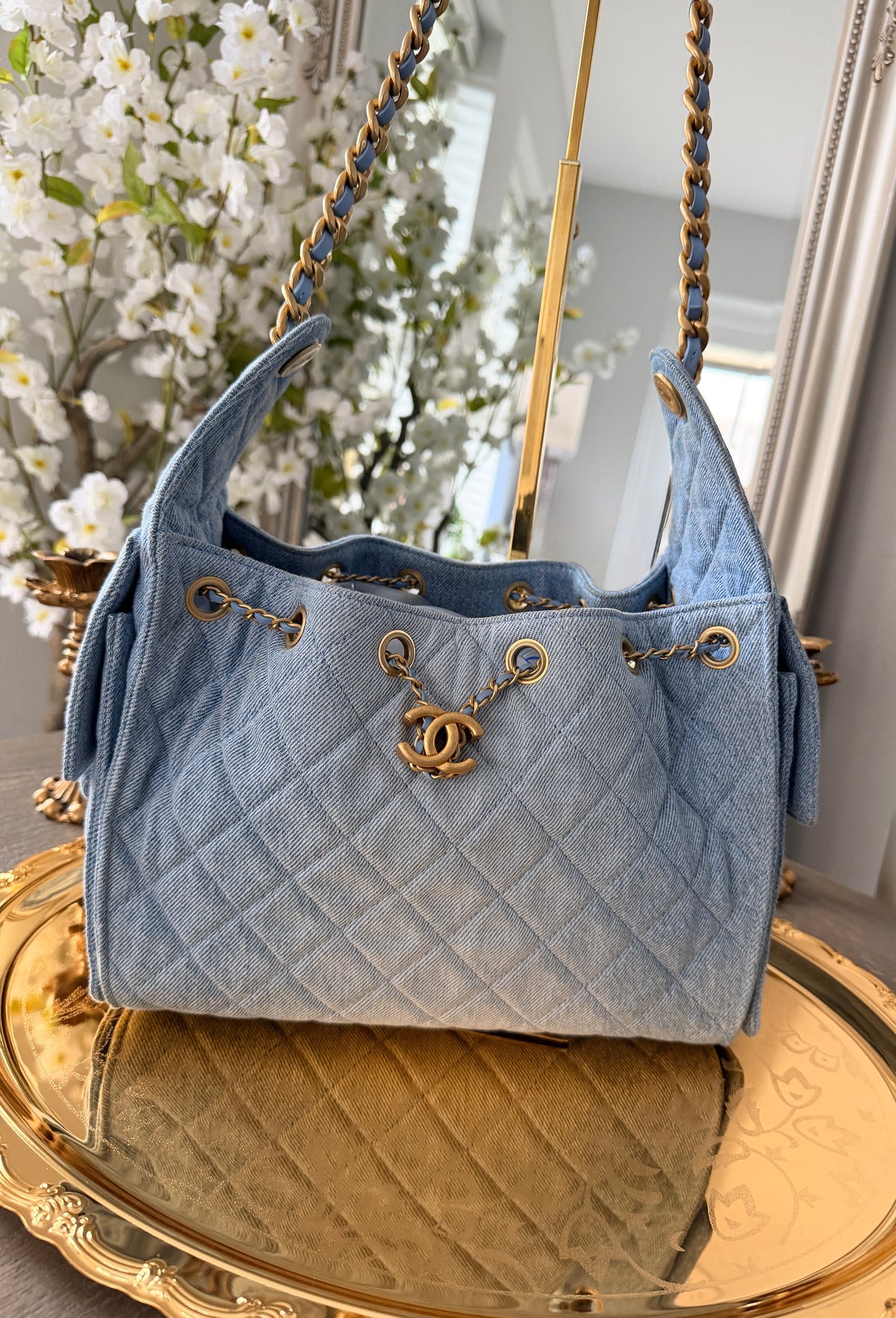 Chanel 25 Washed Denim Small Hobo Bag Gold Hardware