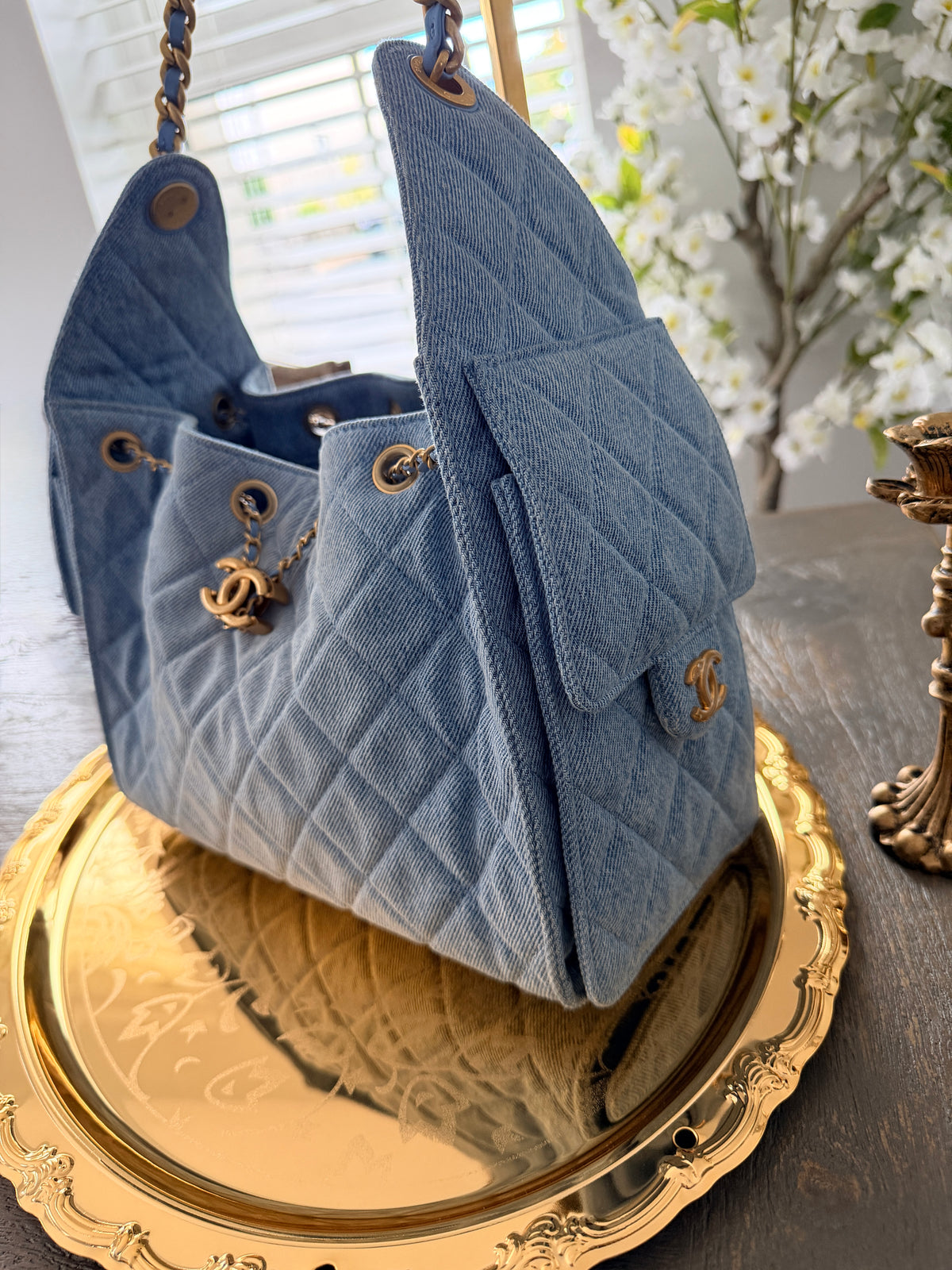 Chanel 25 Washed Denim Small Hobo Bag Gold Hardware