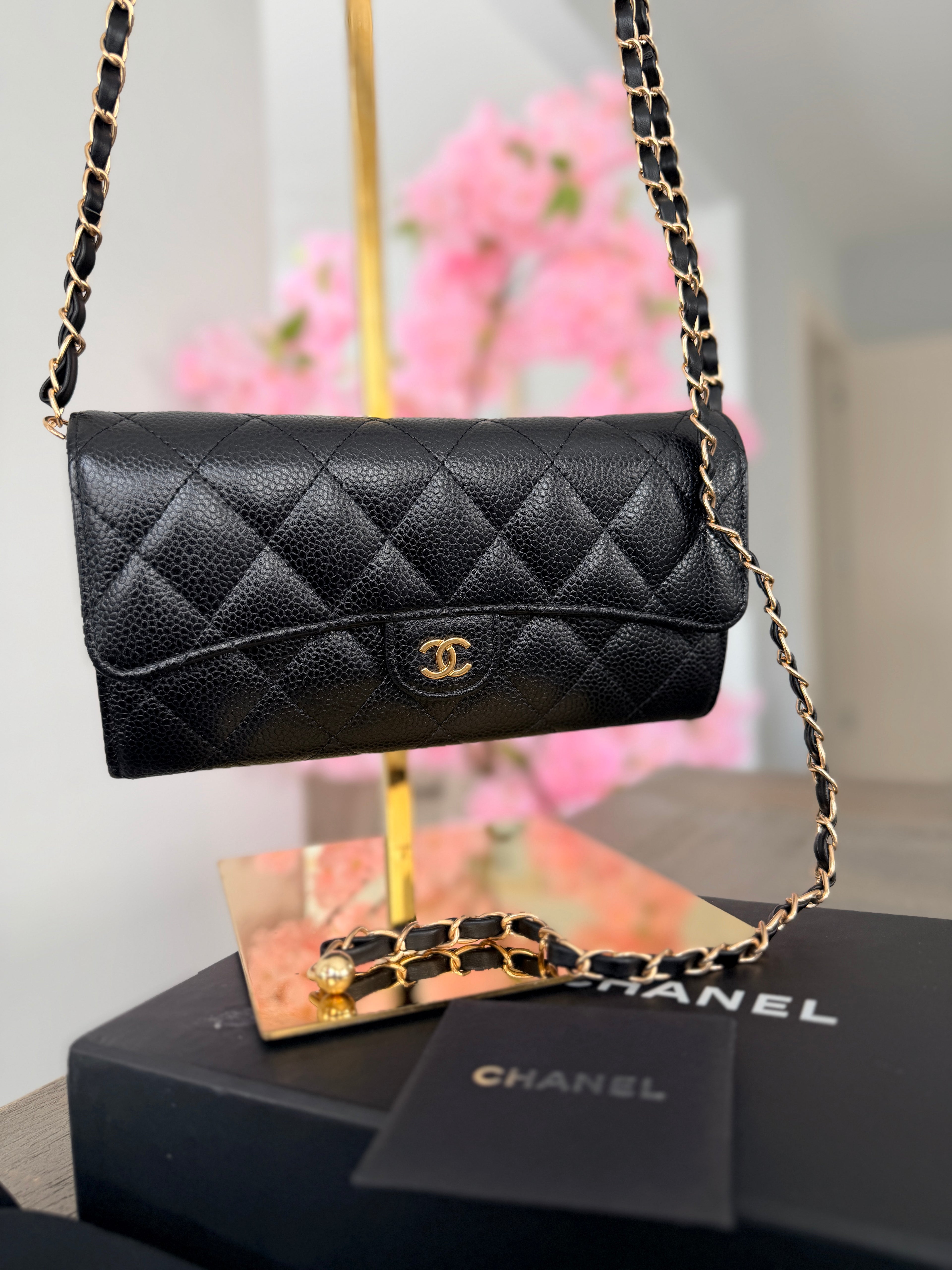 Chanel Long Wallet Matelasse Black Caviar Leather Gold Hardware