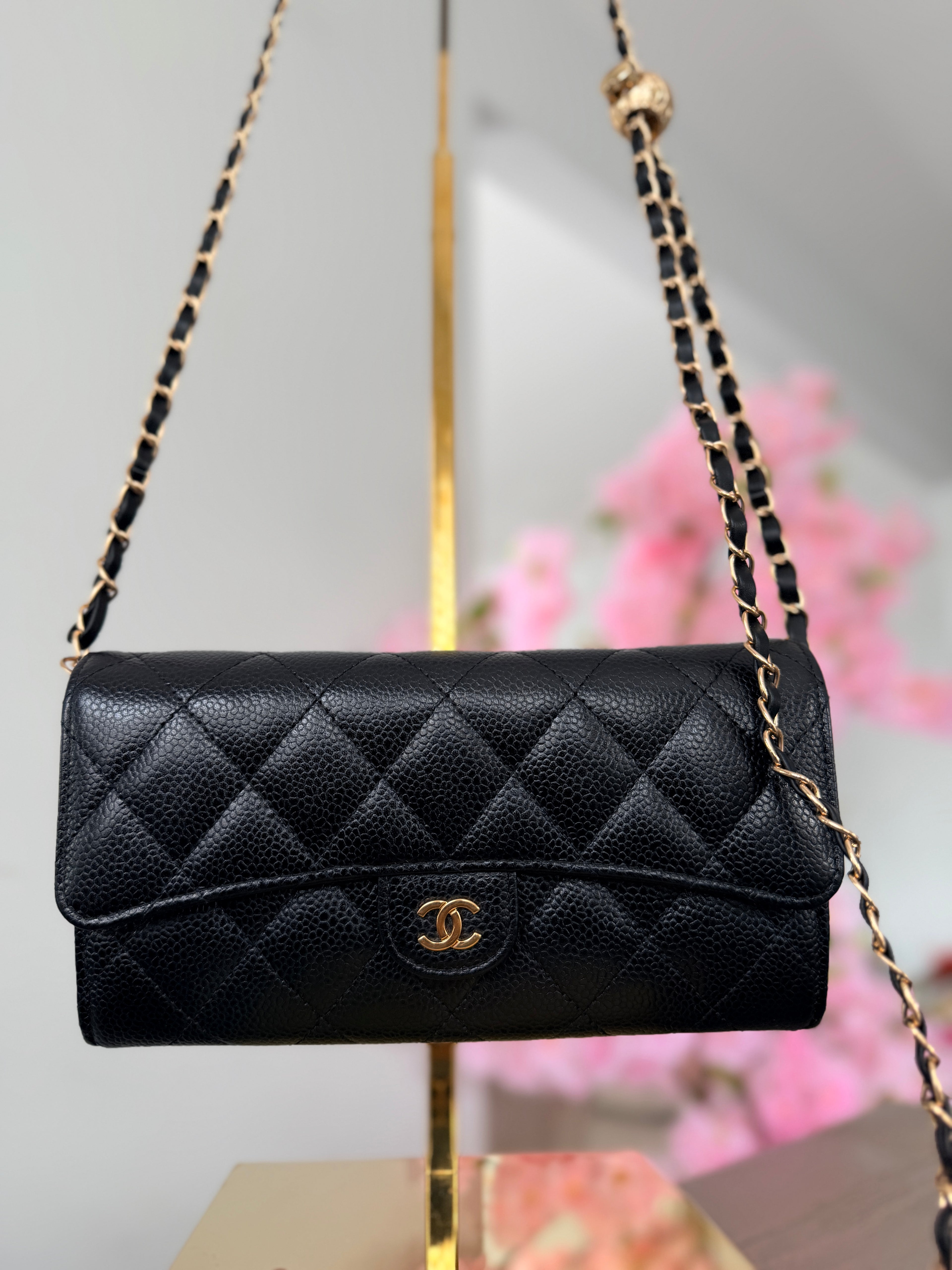 Chanel Long Wallet Matelasse Black Caviar Leather Gold Hardware