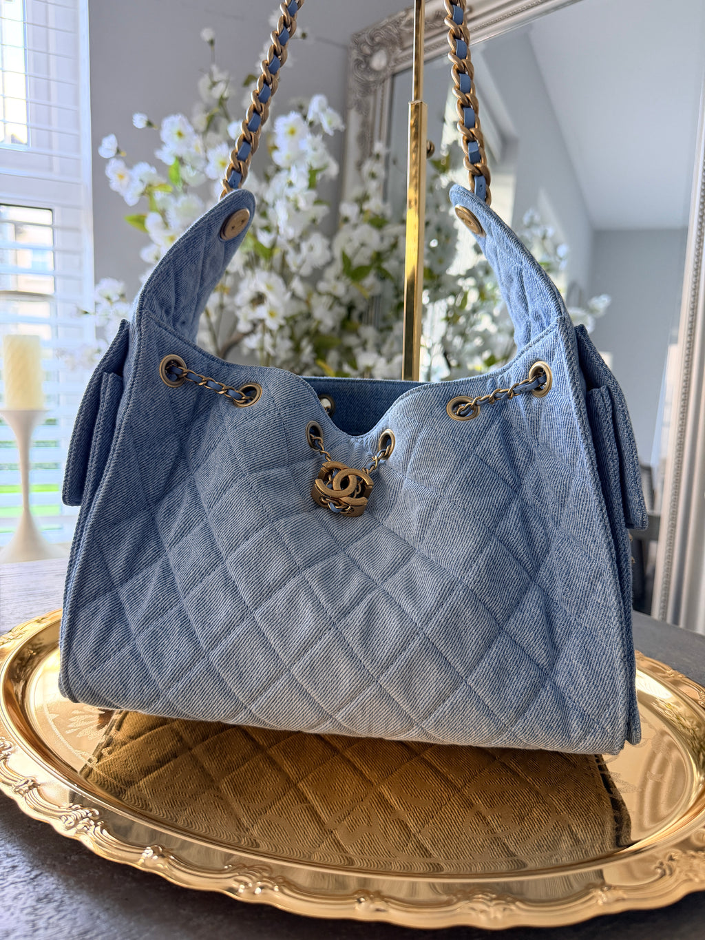 Chanel 25 Washed Denim Small Hobo Bag Gold Hardware