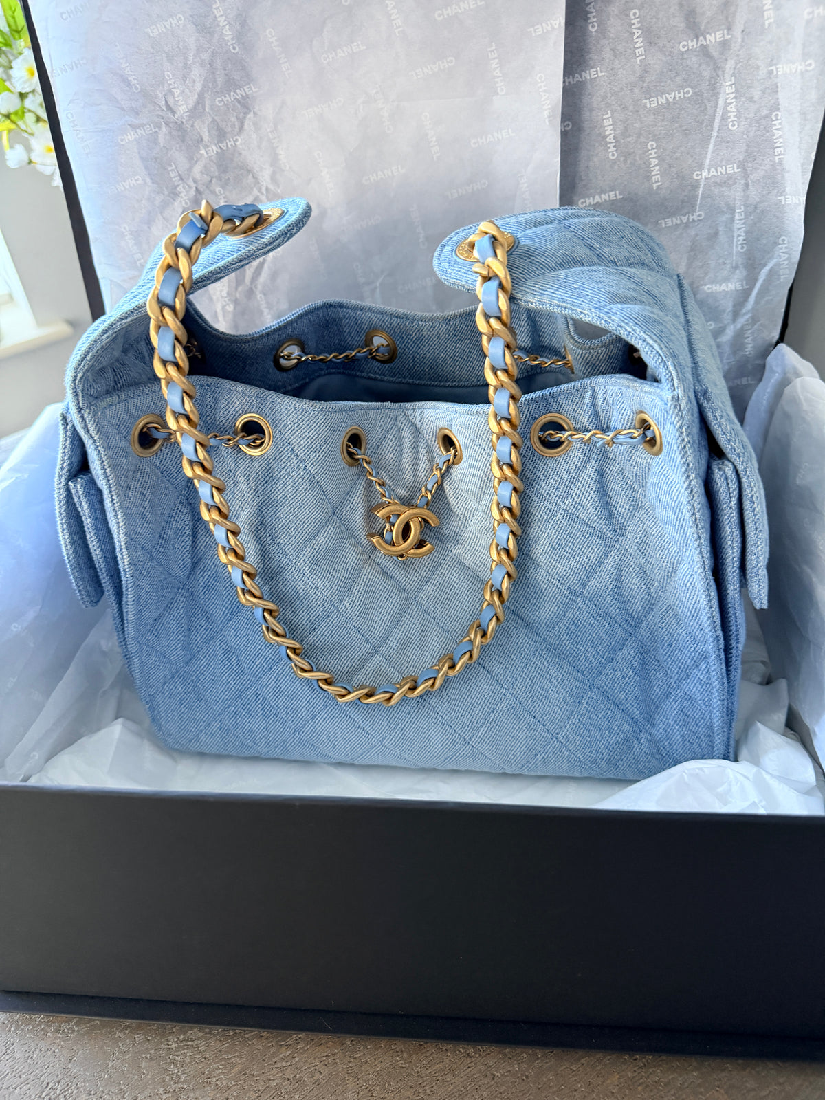 Chanel 25 Washed Denim Small Hobo Bag Gold Hardware