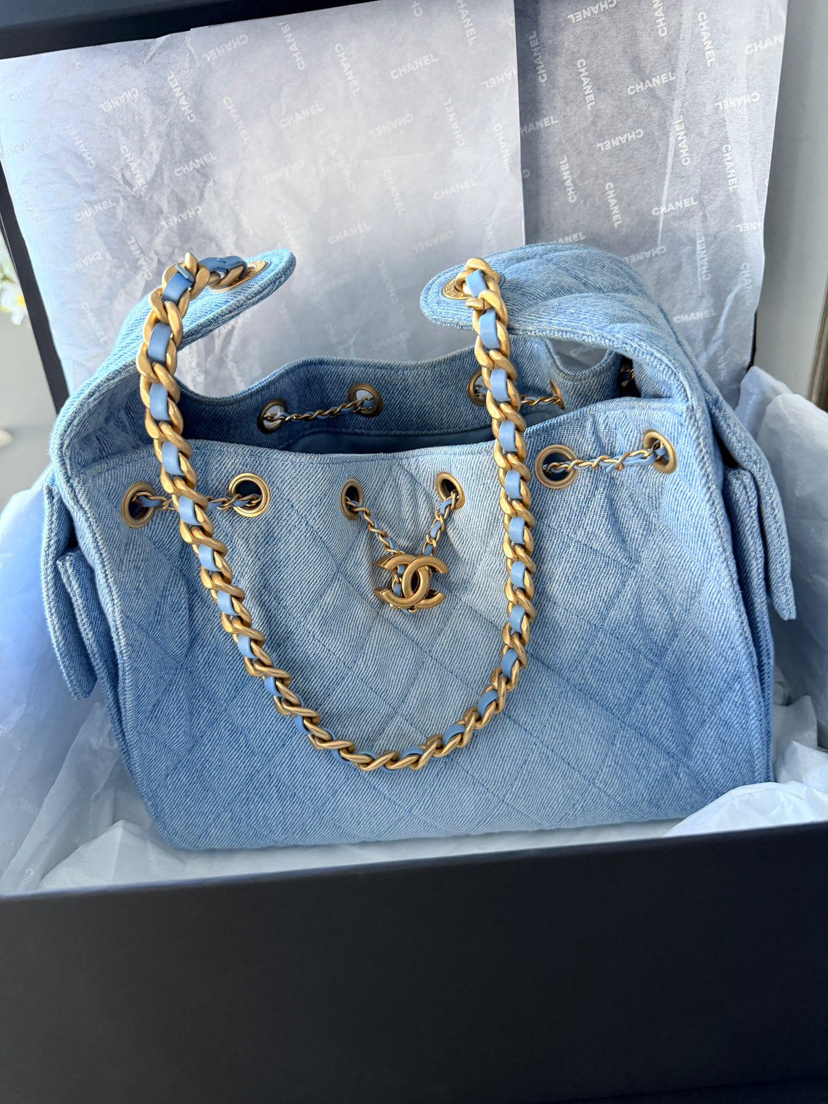 Chanel 25 Washed Denim Small Hobo Bag Gold Hardware