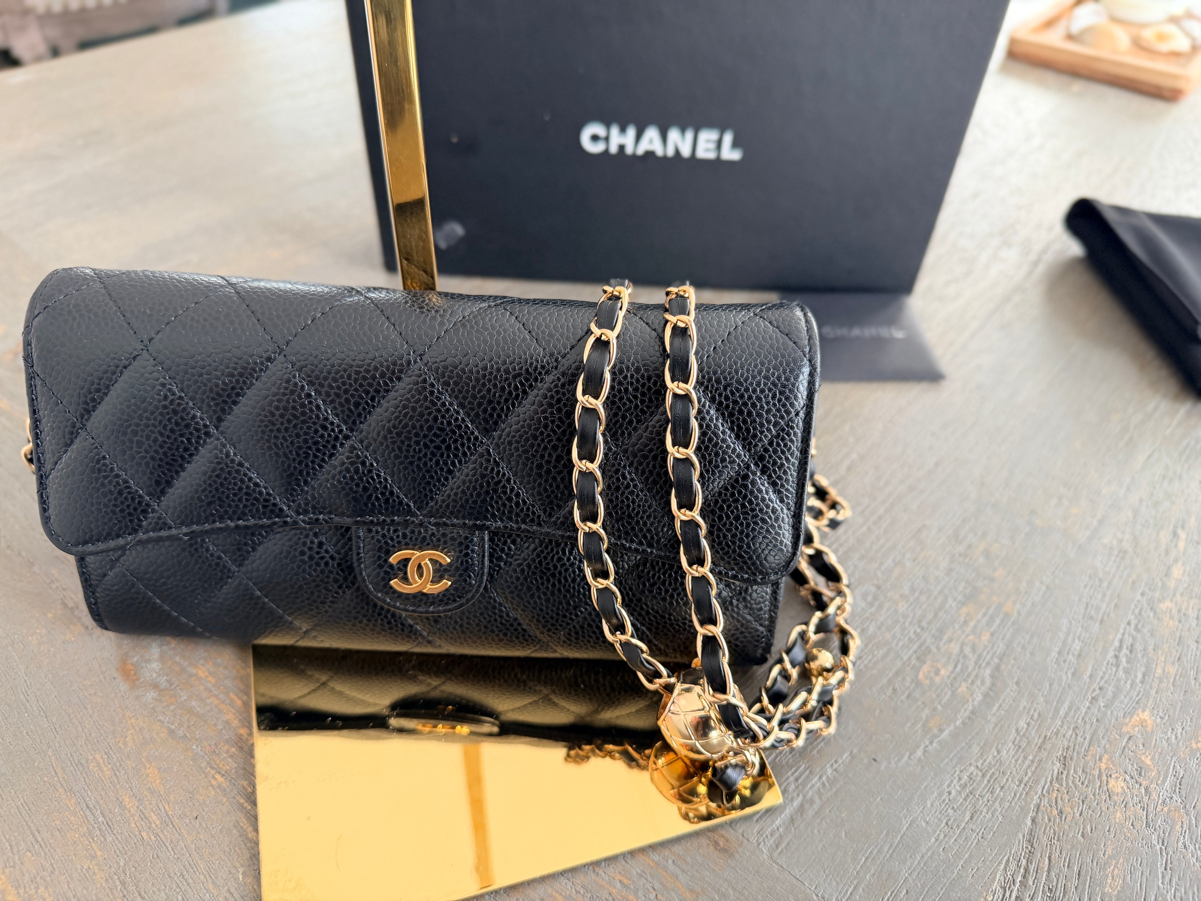 Chanel Long Wallet Matelasse Black Caviar Leather Gold Hardware