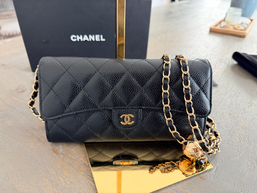 Chanel Long Wallet Matelasse Black Caviar Leather Gold Hardware