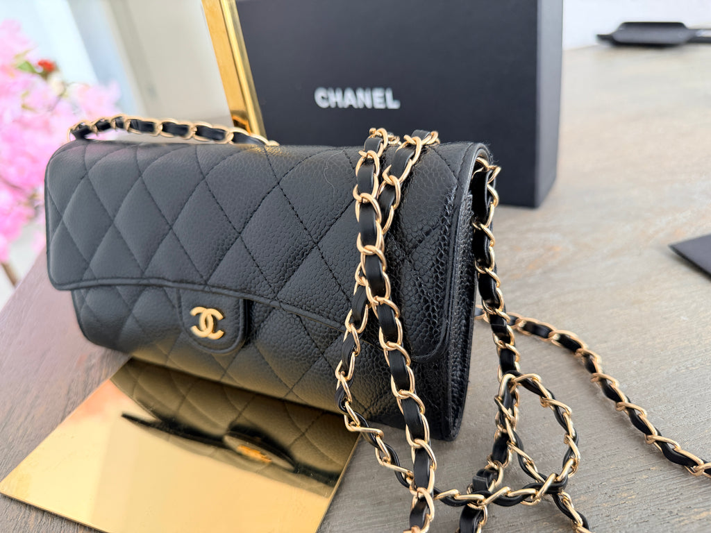 Chanel Long Wallet Matelasse Black Caviar Leather Gold Hardware