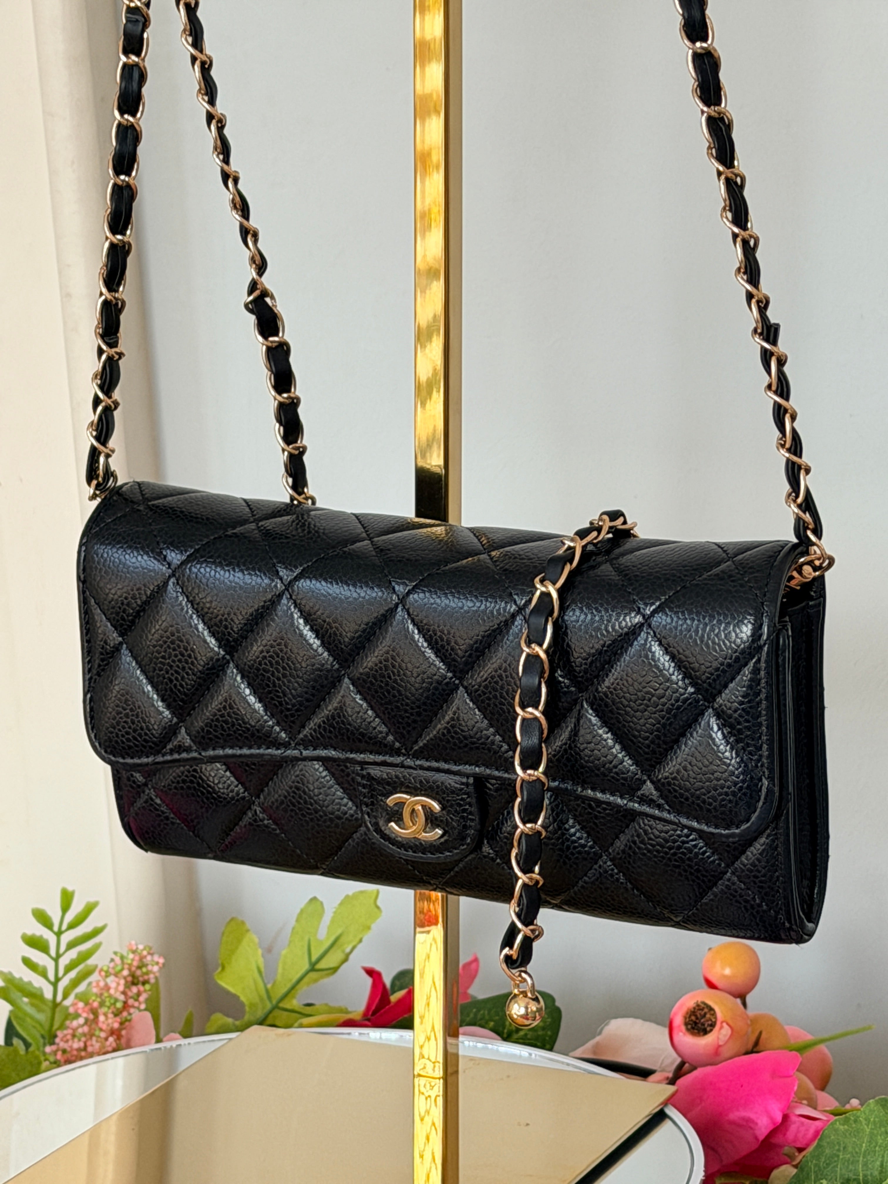 Chanel Long Wallet Black Caviar Leather Gold Hardware