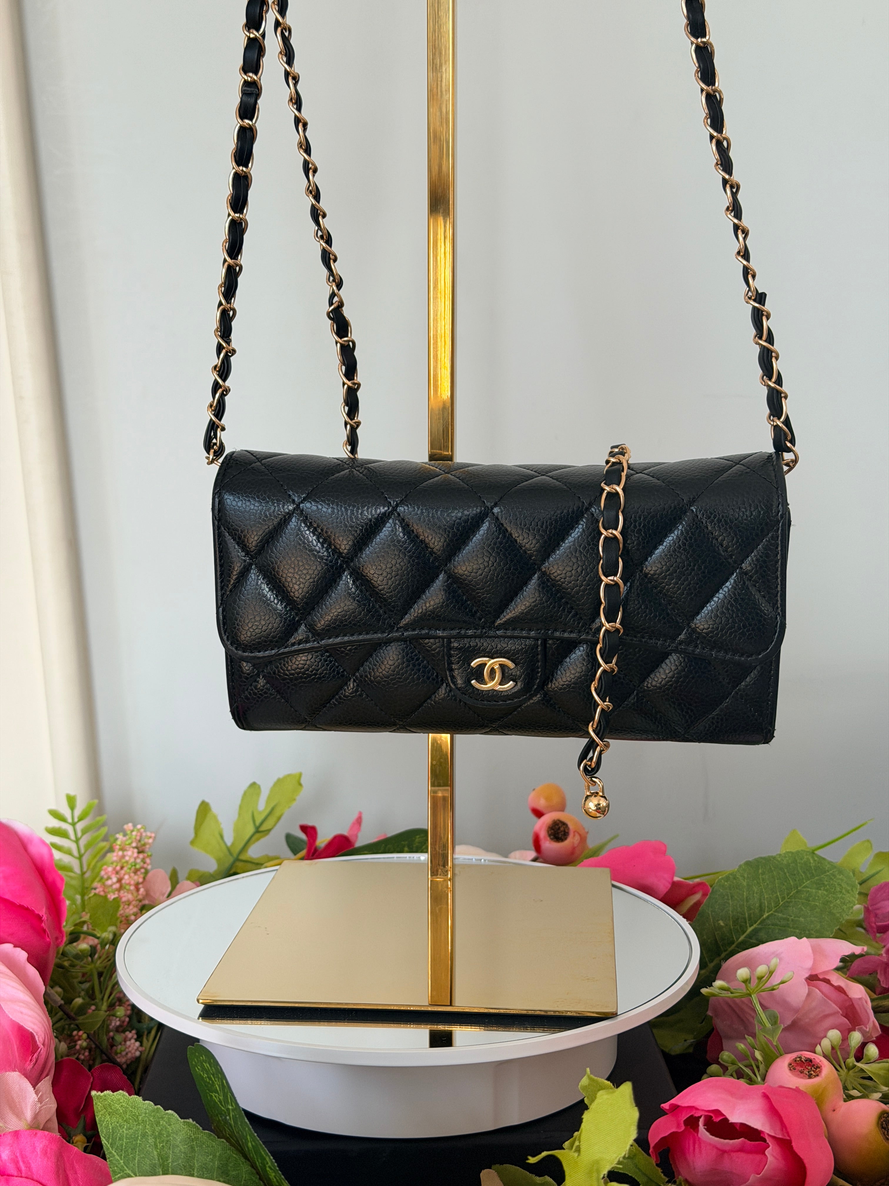Chanel Long Wallet Black Caviar Leather Gold Hardware
