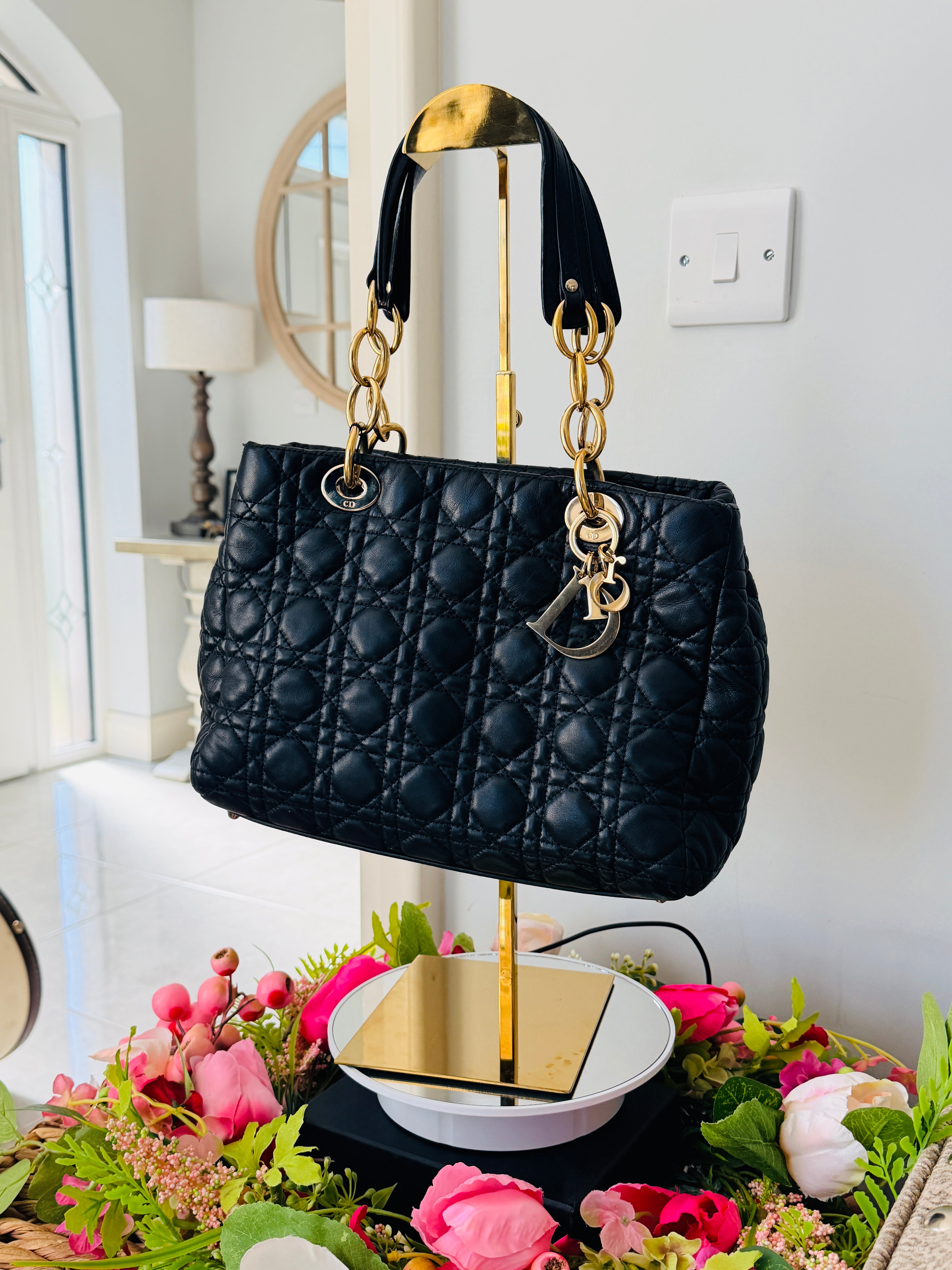 Christian Dior Small Tote Bag Black Leather Gold Hardware