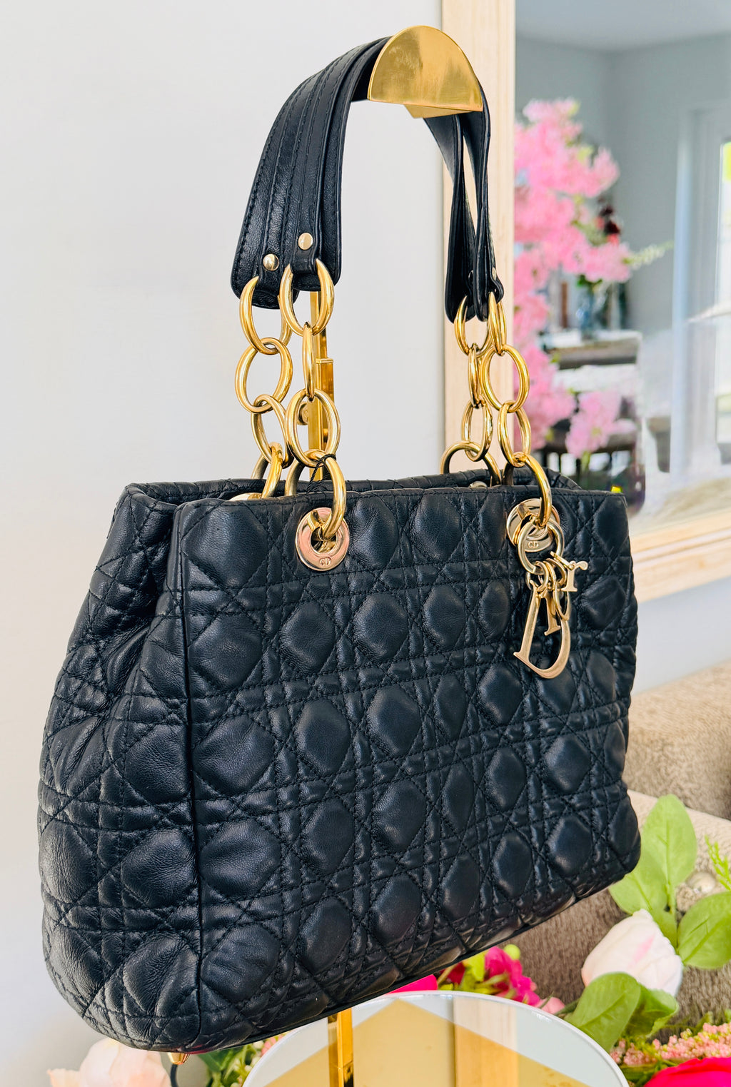 Christian Dior Small Tote Bag Black Leather Gold Hardware