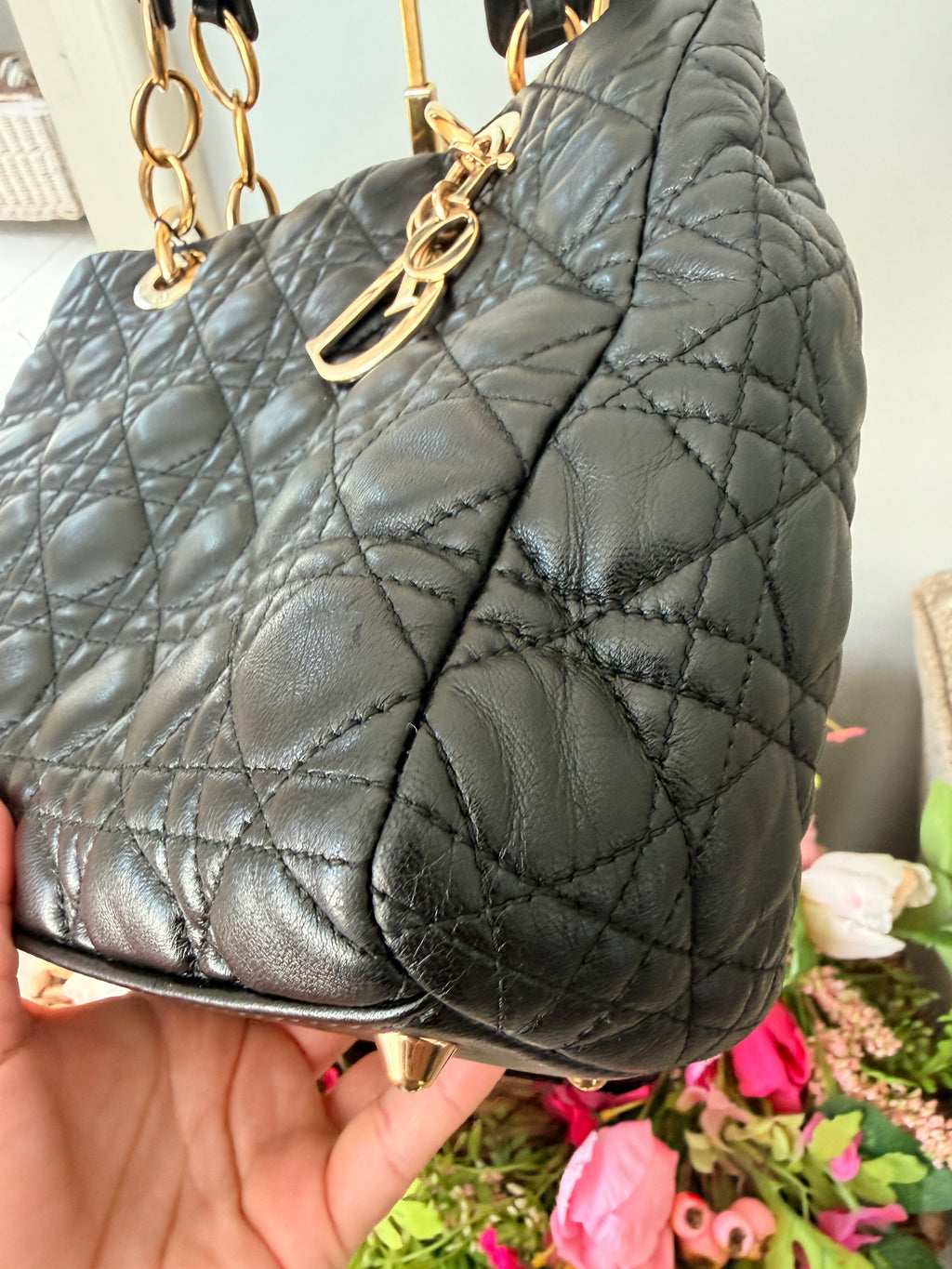 Christian Dior Small Tote Bag Black Leather Gold Hardware