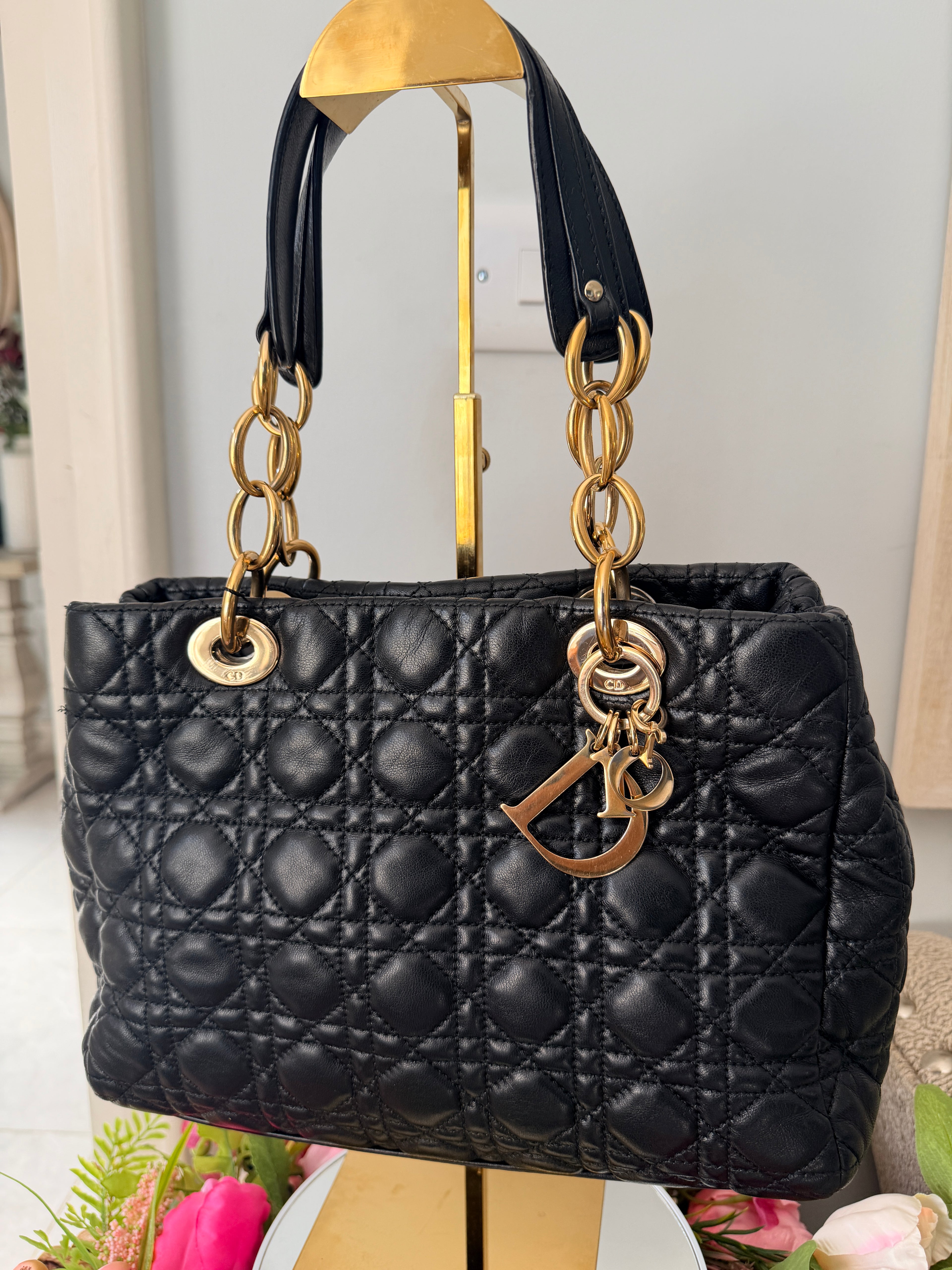 Christian Dior Small Tote Bag Black Leather Gold Hardware