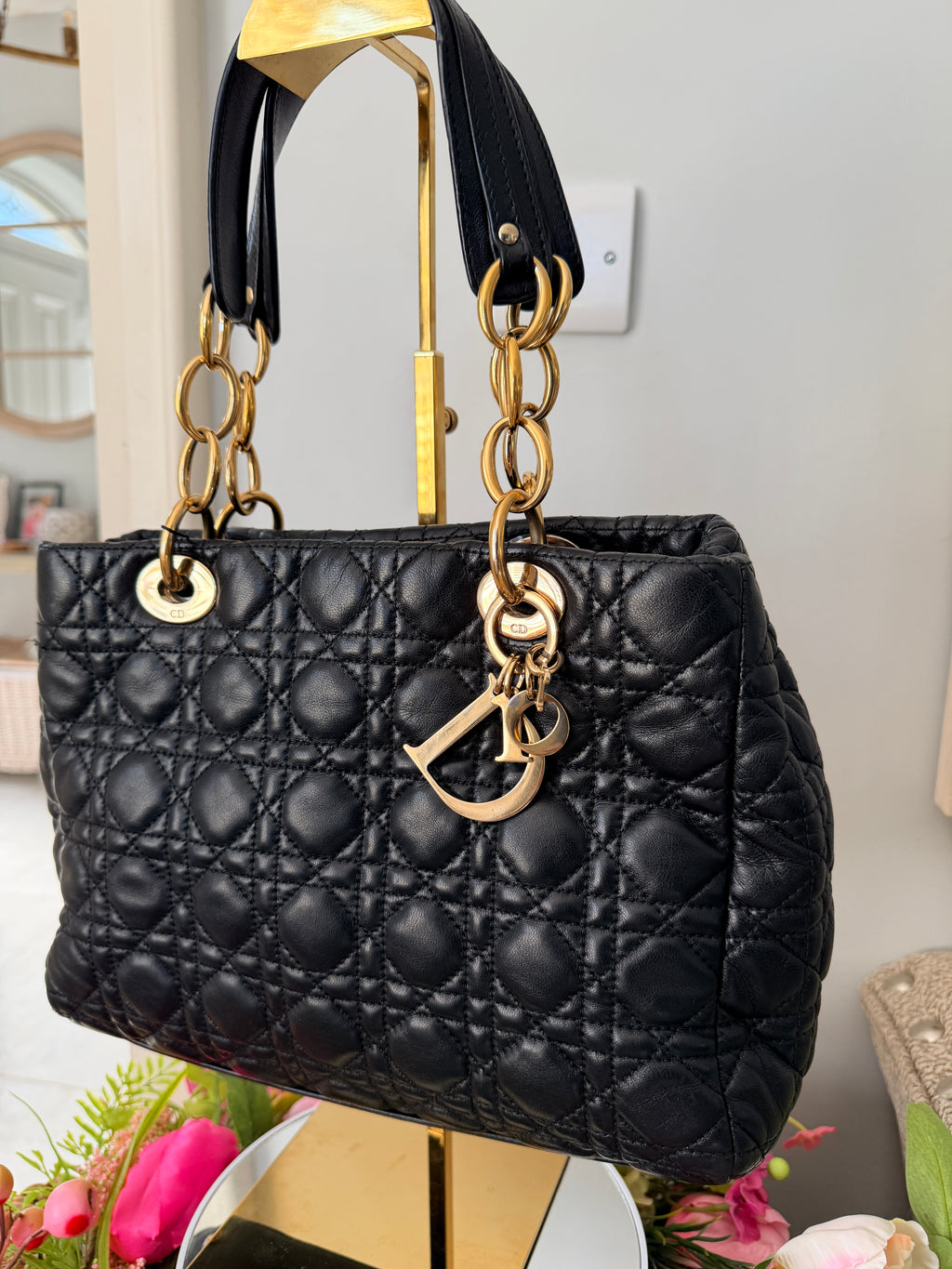 Christian Dior Small Tote Bag Black Leather Gold Hardware