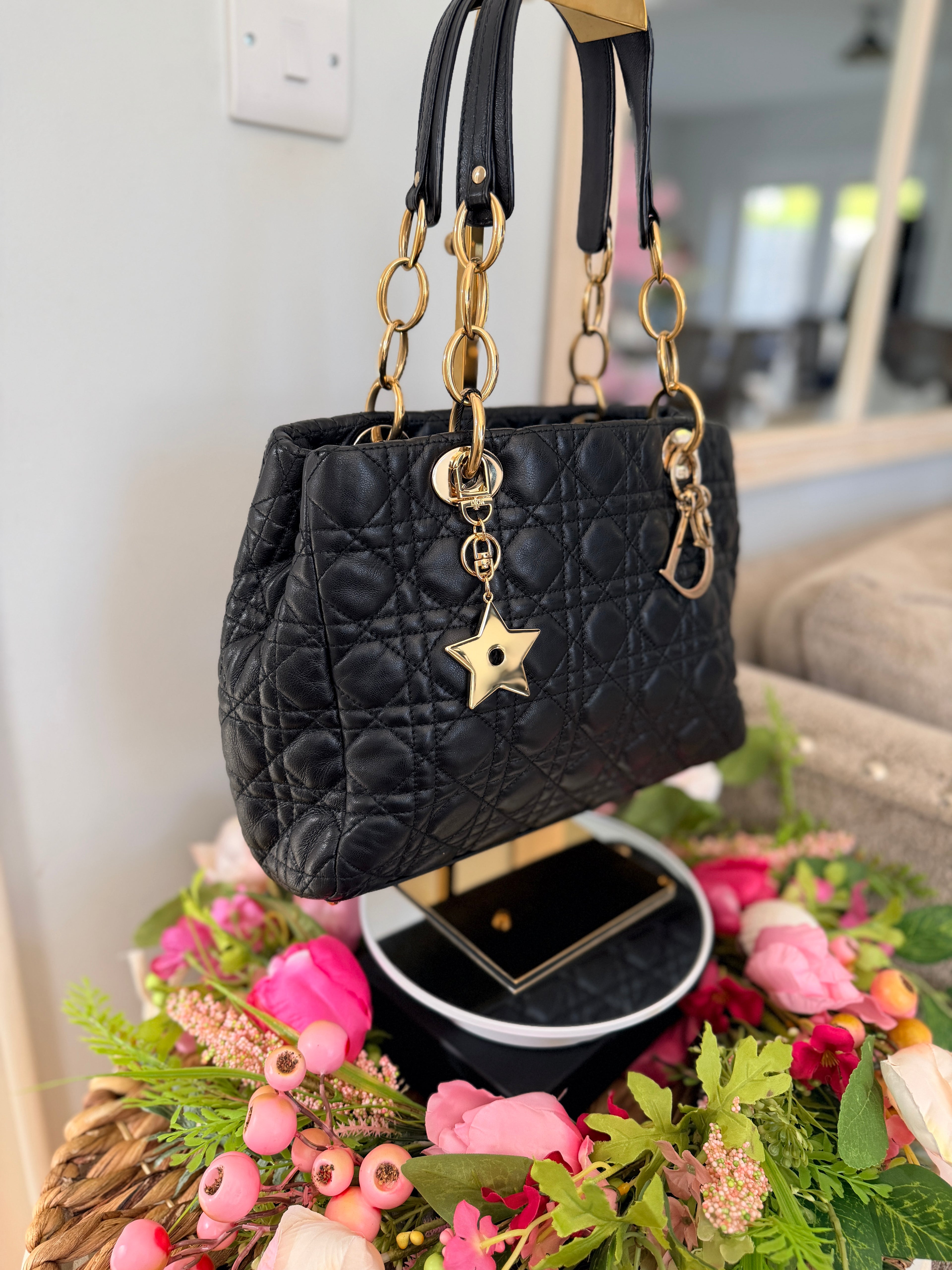 Christian Dior Small Tote Bag Black Leather Gold Hardware