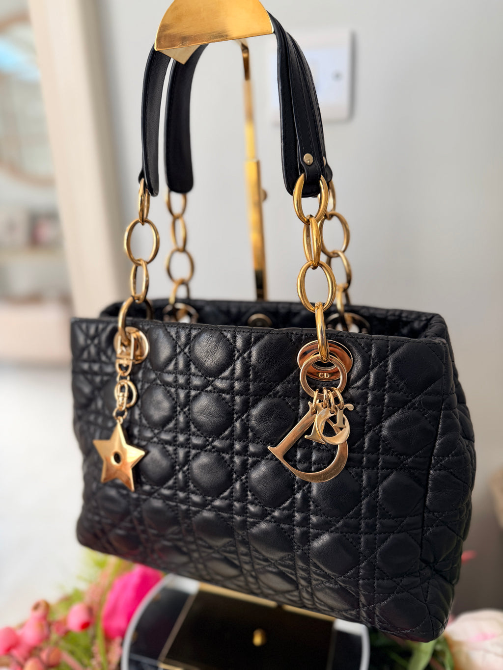 Christian Dior Small Tote Bag Black Leather Gold Hardware