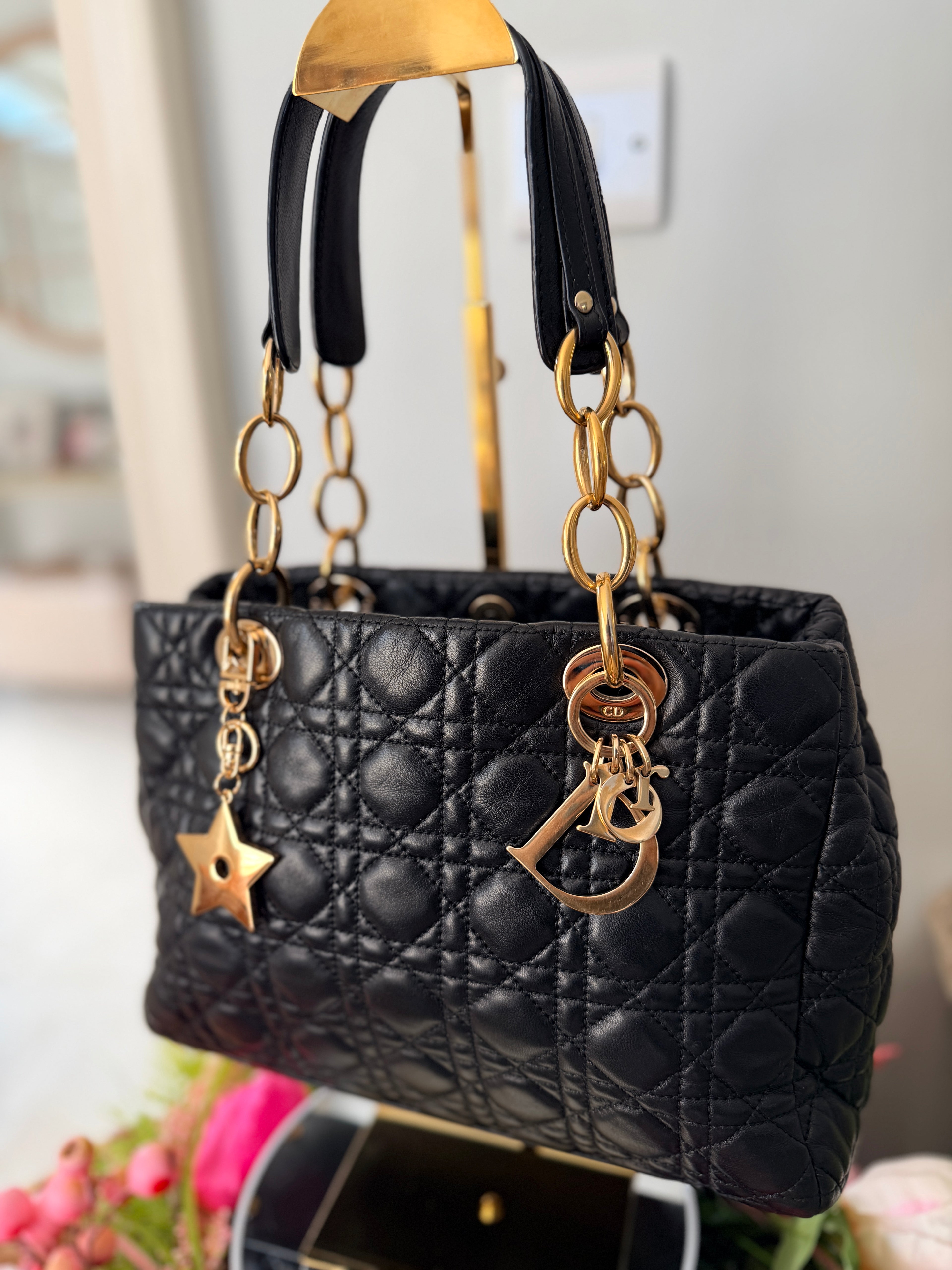 Christian Dior Small Tote Bag Black Leather Gold Hardware