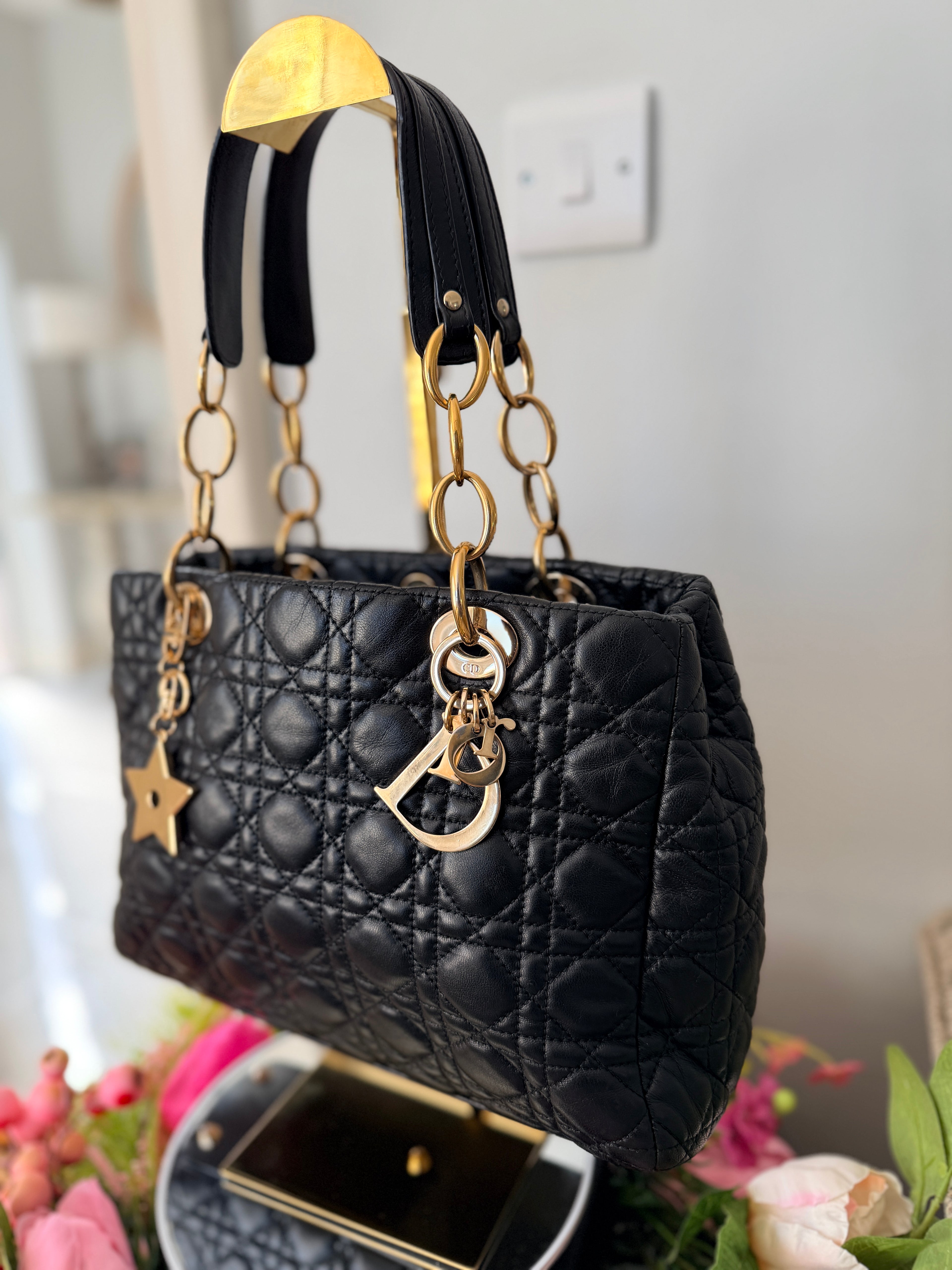 Christian Dior Small Tote Bag Black Leather Gold Hardware