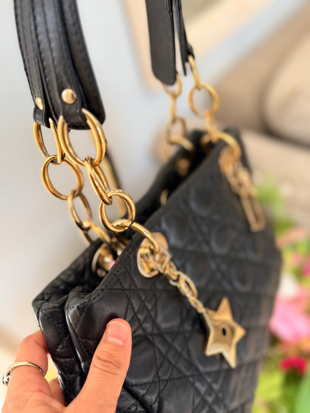 Christian Dior Small Tote Bag Black Leather Gold Hardware