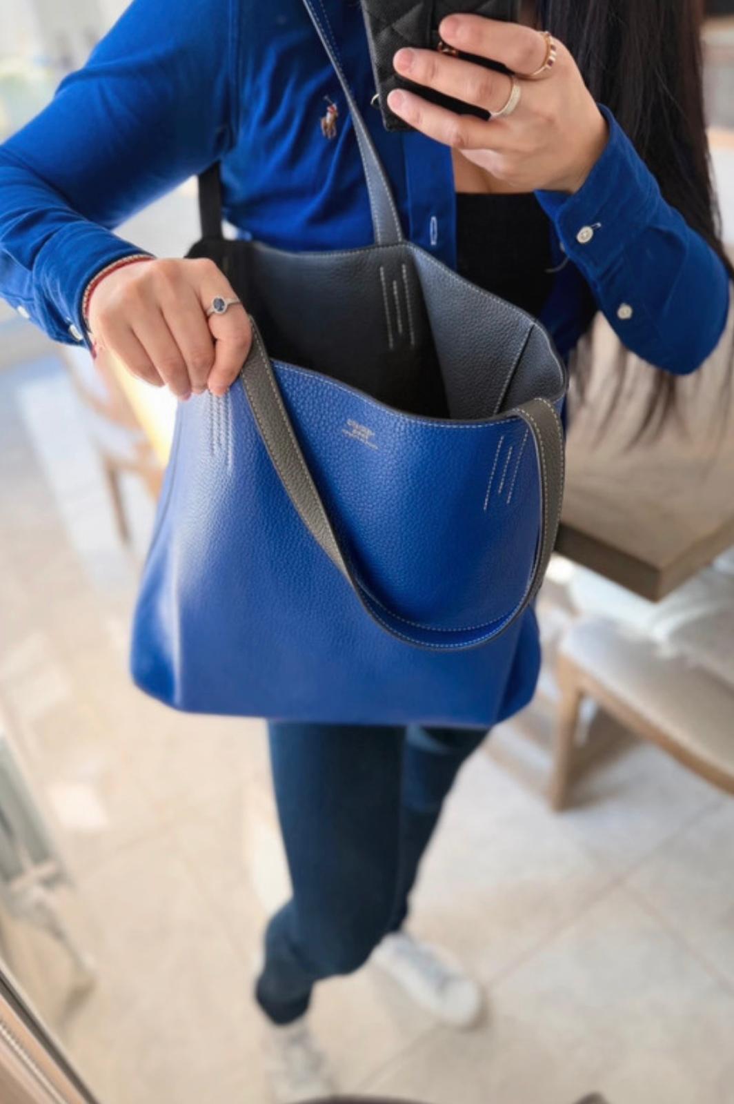 Hermès Double Sens 45 Tote Bag Blue & Grey Reversible Taurillon Clémence Leather