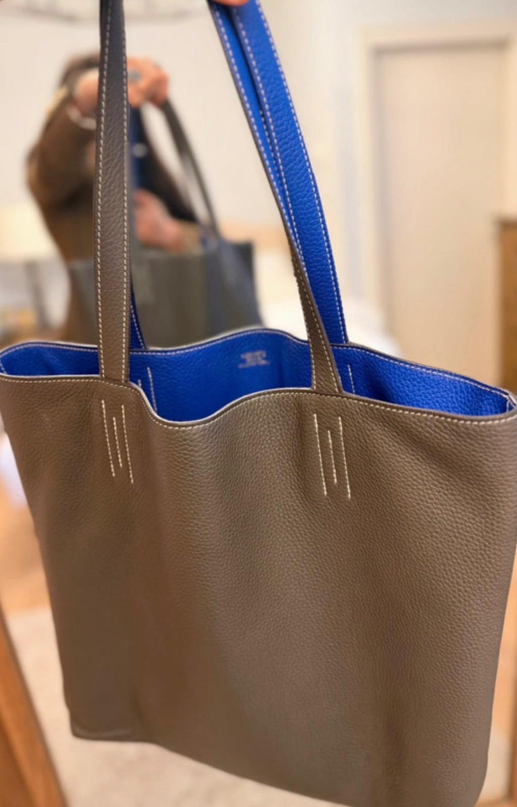 Hermès Double Sens 45 Tote Bag Blue & Grey Reversible Taurillon Clémence Leather