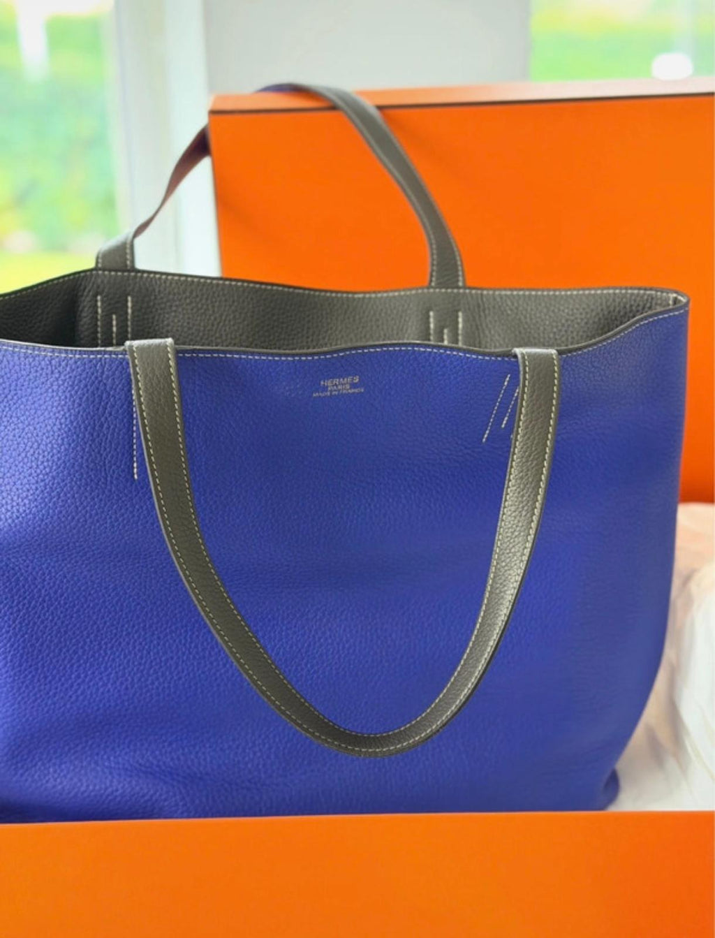 Hermès Double Sens 45 Tote Bag Blue & Grey Reversible Taurillon Clémence Leather