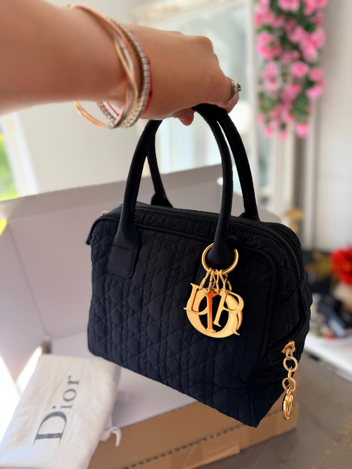 Christian Dior Mini Boston Bowling Bag Black Nylon Gold Hardware