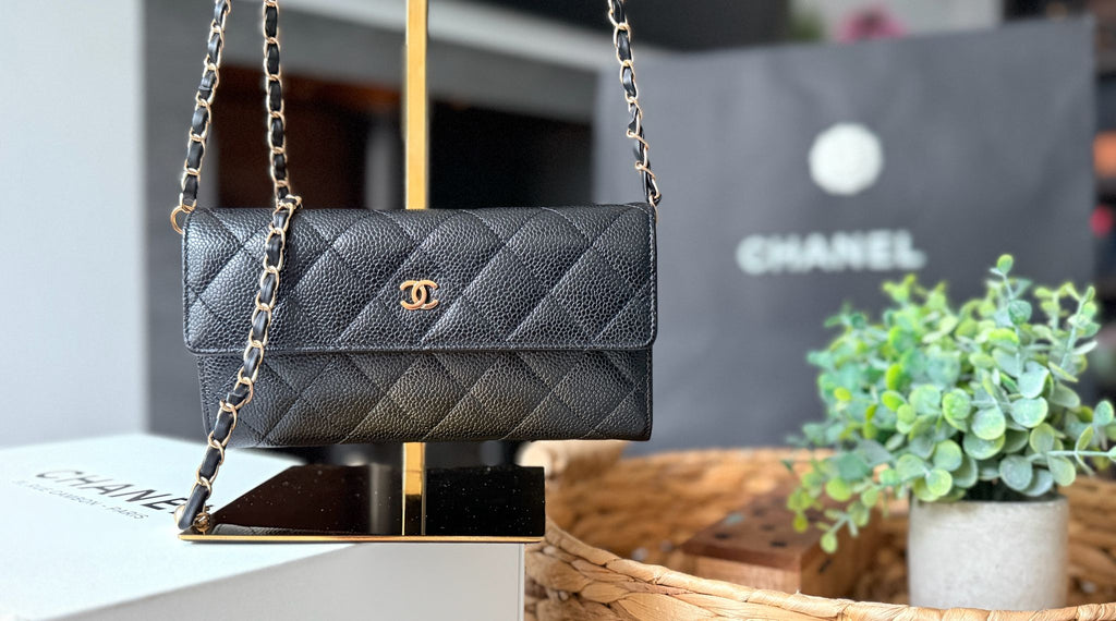 Chanel Gusset Long Wallet Black Caviar Leather Gold Hardware